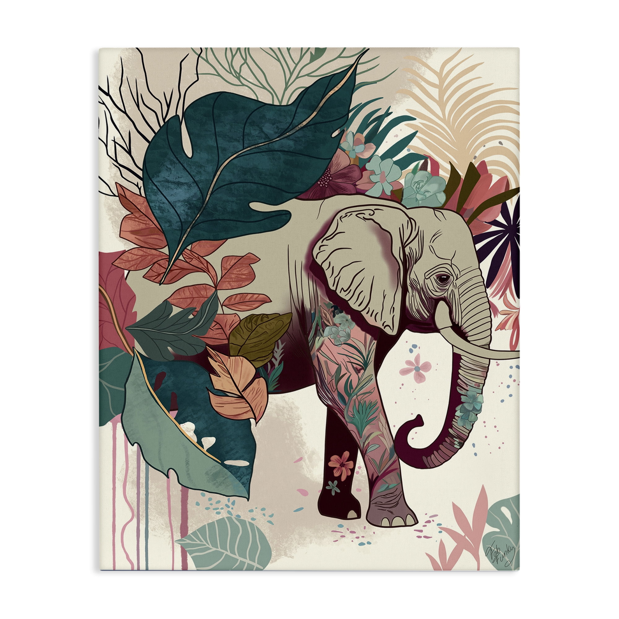Stupell Industries Elephant & Tropical Leaves Animals & Insects Painting Gallery Wrapped Canvas Art Print Wall Art, 30 x 40
