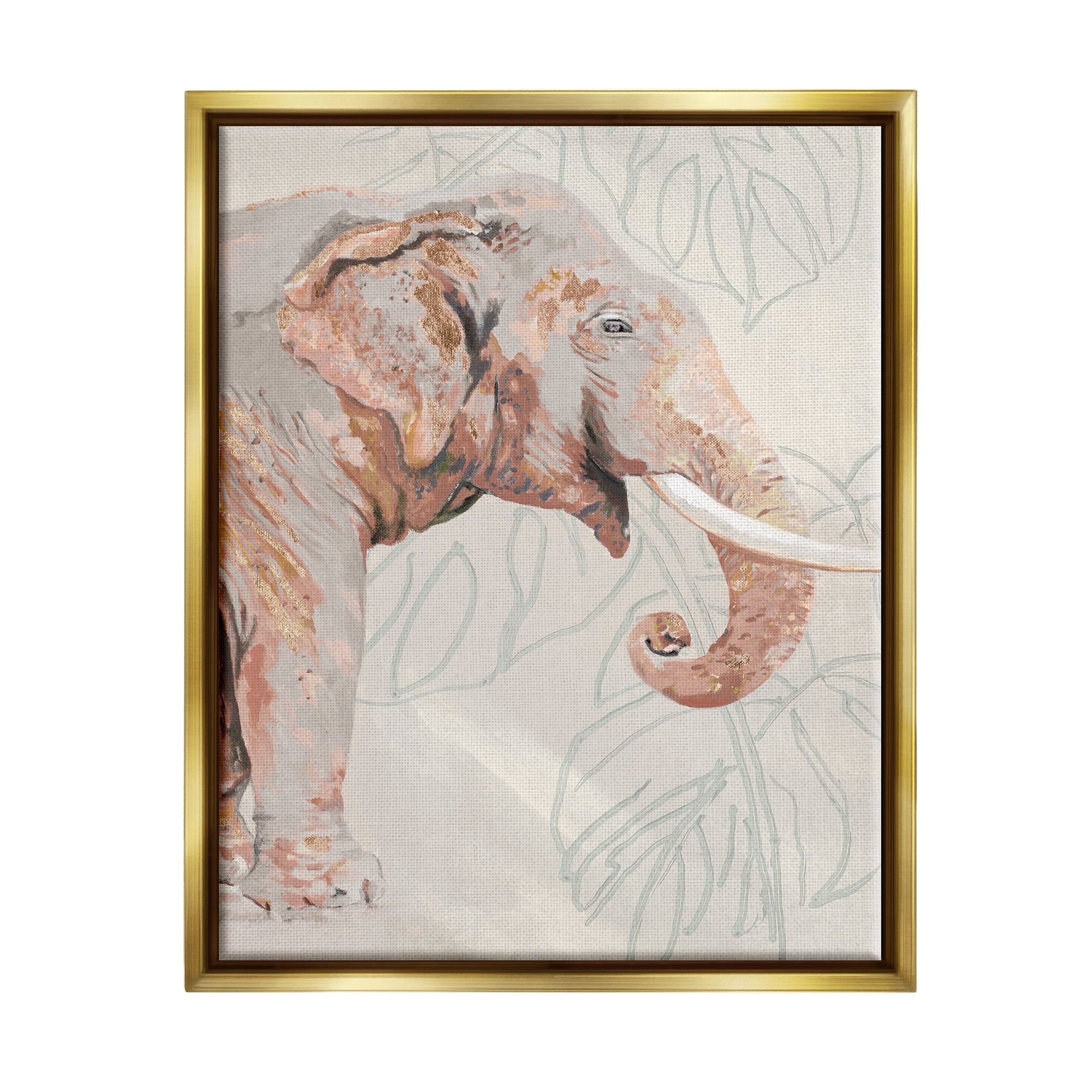 Stupell Industries Elephant & Tropical Leaves Animals & Insects Painting Gold Floater Framed Art Print Wall Art, 17 x 21