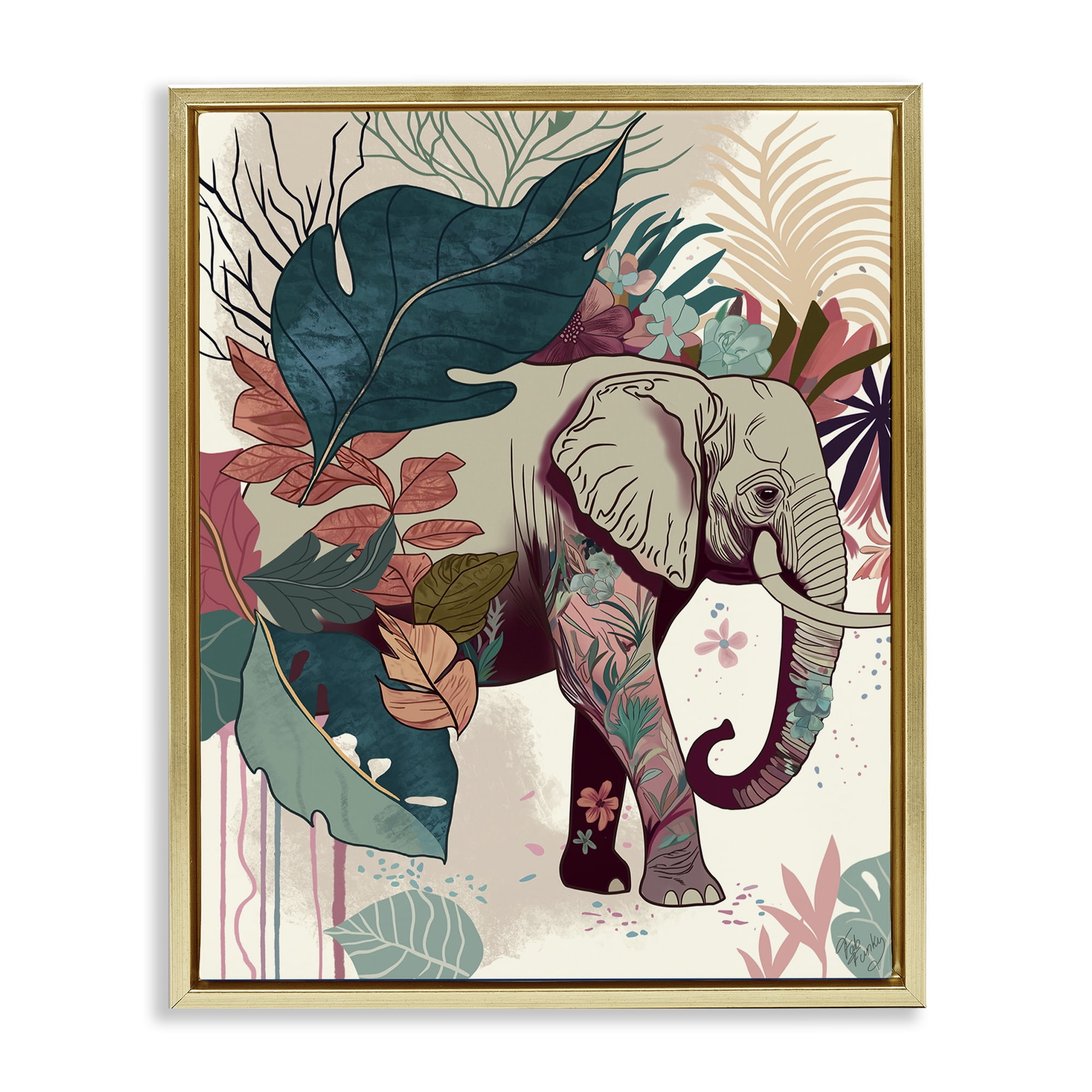 Stupell Industries Elephant & Tropical Leaves Animals & Insects Painting Gold Floater Framed Canvas Art Print Wall Art, 17 x 21