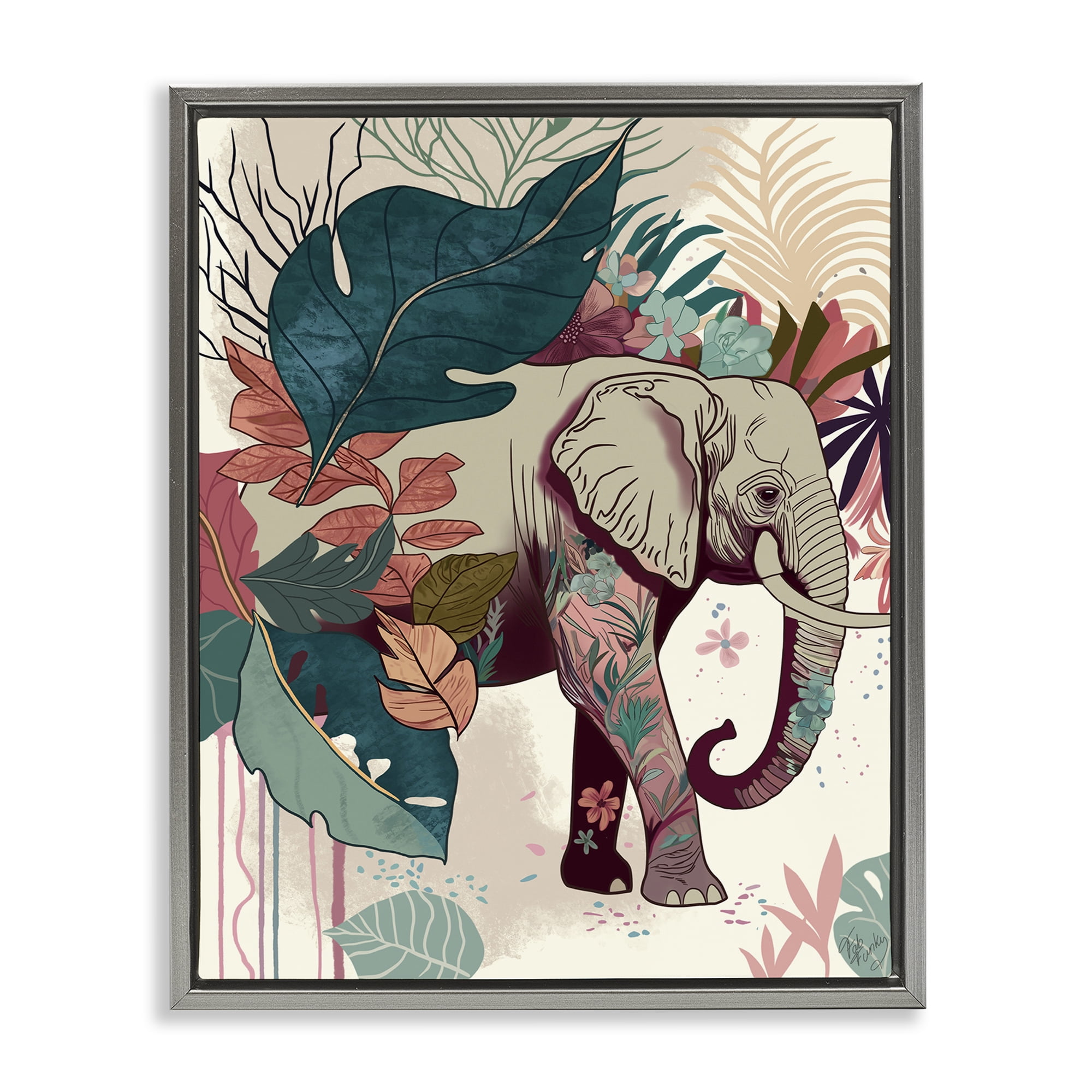 Stupell Industries Elephant & Tropical Leaves Animals & Insects Painting Gray Floater Framed Canvas Art Print Wall Art, 25 x 31