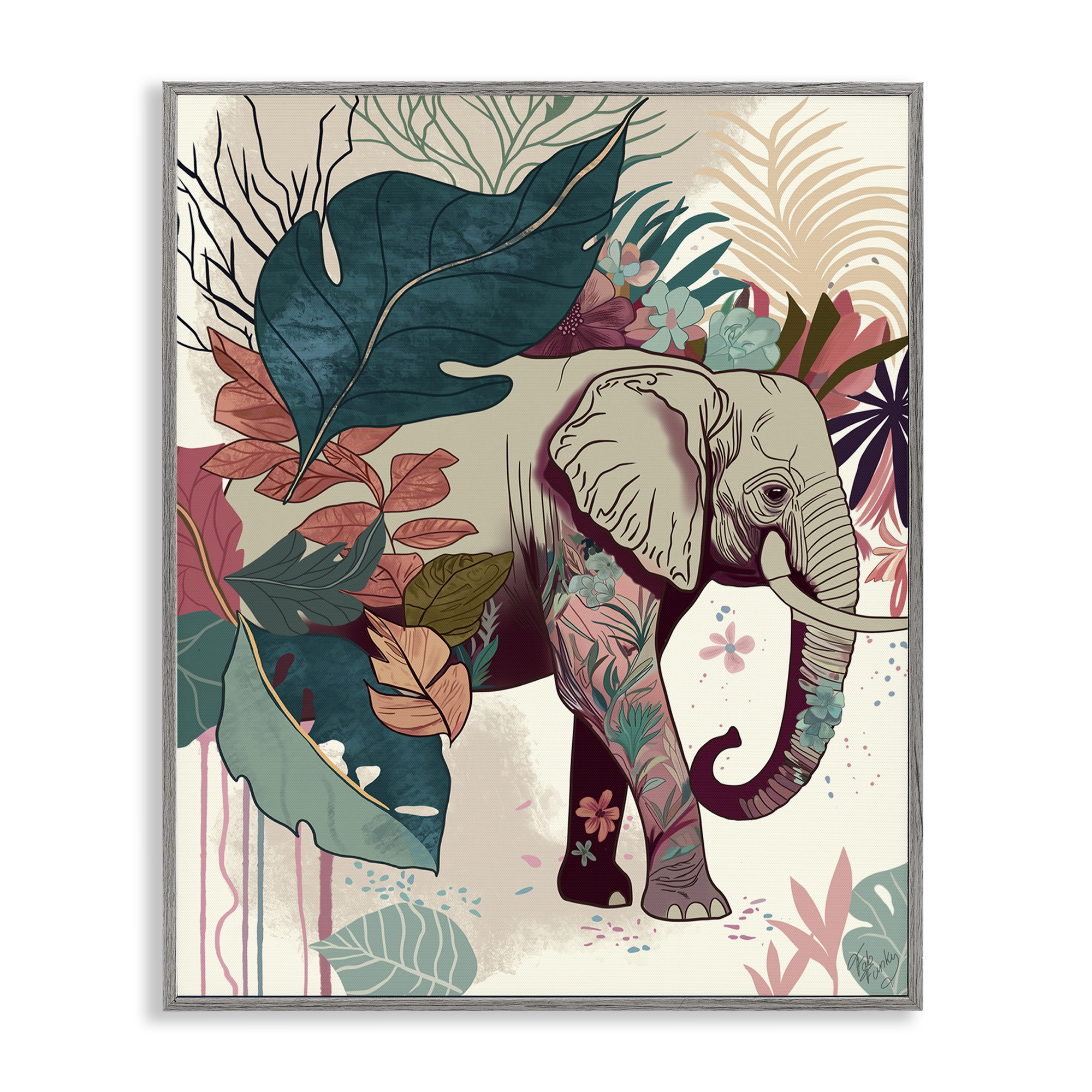 Stupell Industries Elephant & Tropical Leaves Animals & Insects Painting Gray Framed Art Print Wall Art, 11 x 14