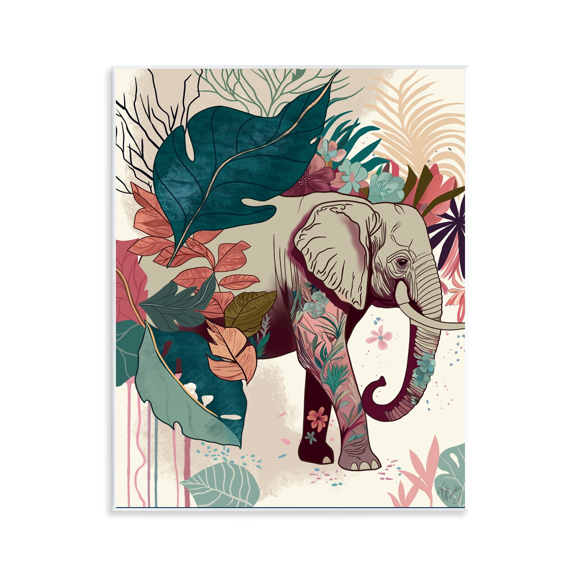 Stupell Industries Elephant & Tropical Leaves Animals & Insects Painting Unframed Art Print Wall Art, 11 x 14