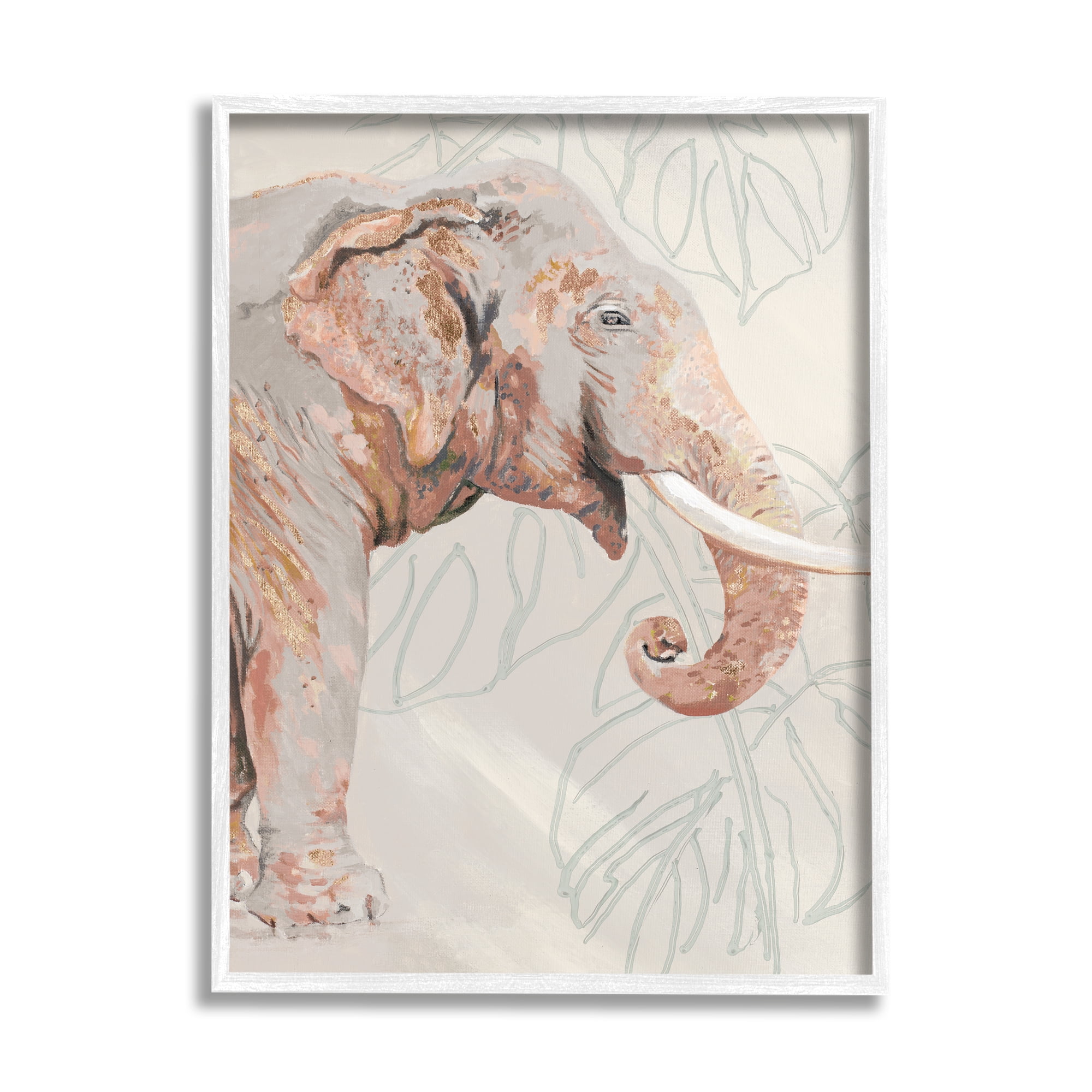Stupell Industries Elephant & Tropical Leaves Animals & Insects Painting White Framed Art Print Wall Art, 24 x 30