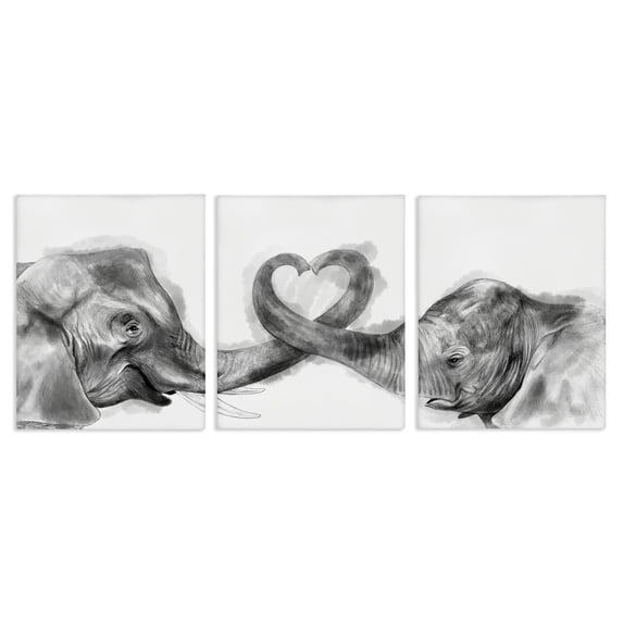 Stupell Industries Elephant Trunk Heart Jungle Animal Illustration Graphic Art Gallery-Wrapped Canvas Print Wall Art Set of 3, 24x30, by Daphne Polselli