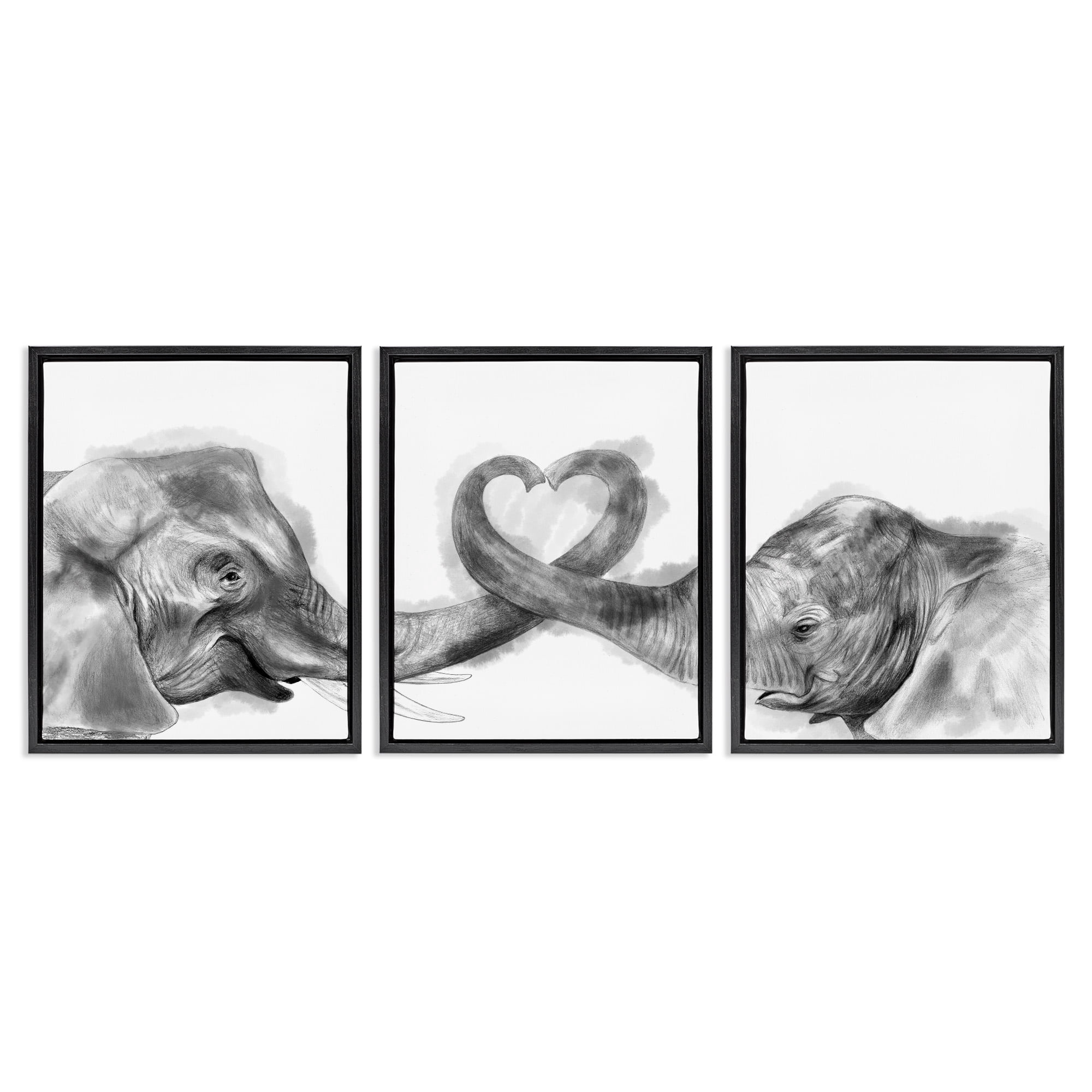 Stupell Industries Elephant Trunk Heart Shape Animals & Insects Painting Black Floater Framed Canvas Art Print Wall Art, 17 x 21, Set of 3