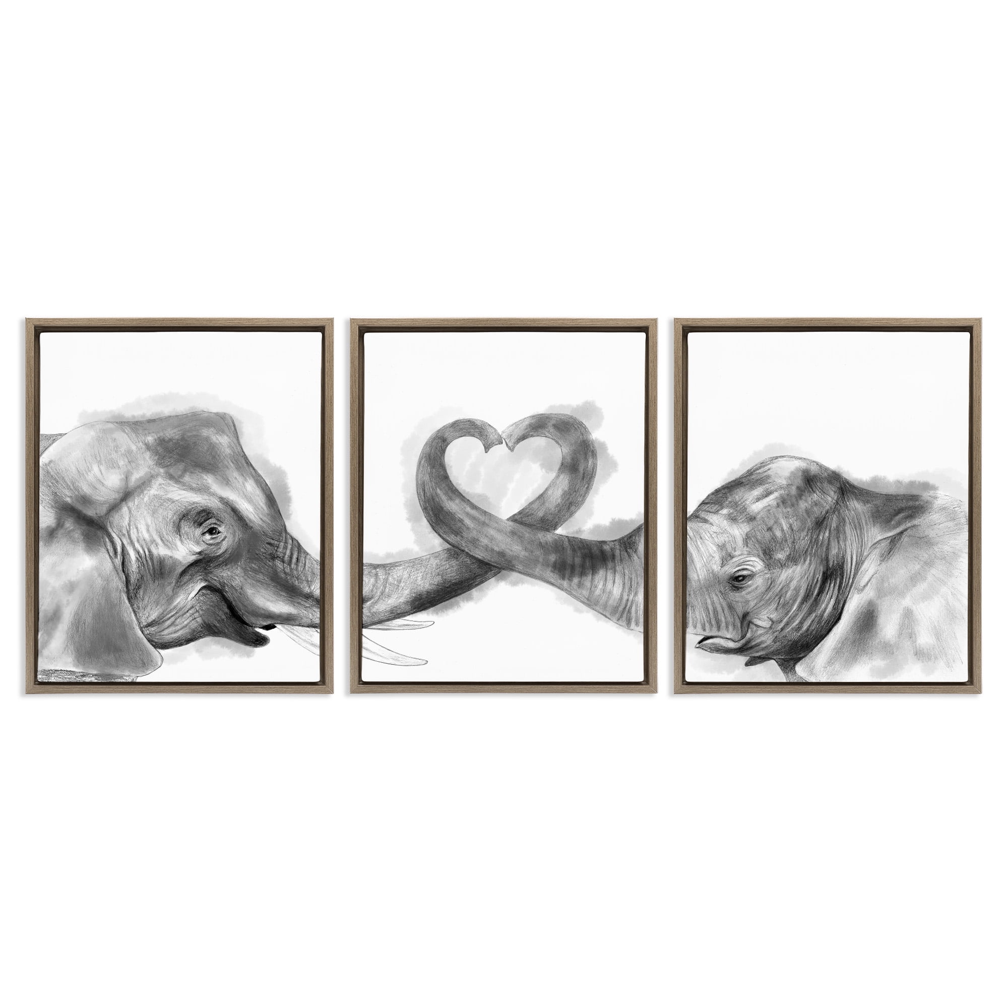 Stupell Industries Elephant Trunk Heart Shape Animals & Insects Painting Brown Floater Framed Canvas Art Print Wall Art, 17 x 21, Set of 3