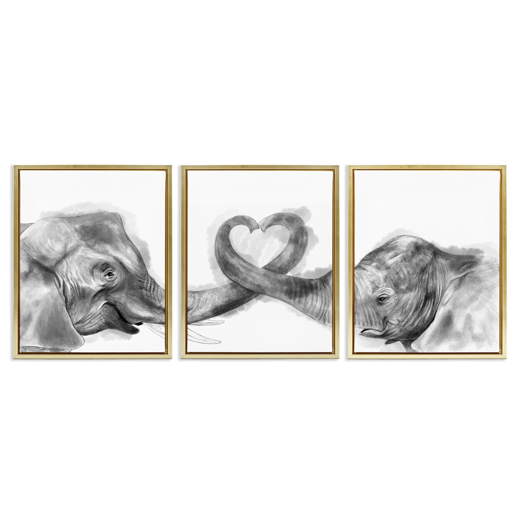 Stupell Industries Elephant Trunk Heart Shape Animals & Insects Painting Gold Floater Framed Canvas Art Print Wall Art, 17 x 21, Set of 3
