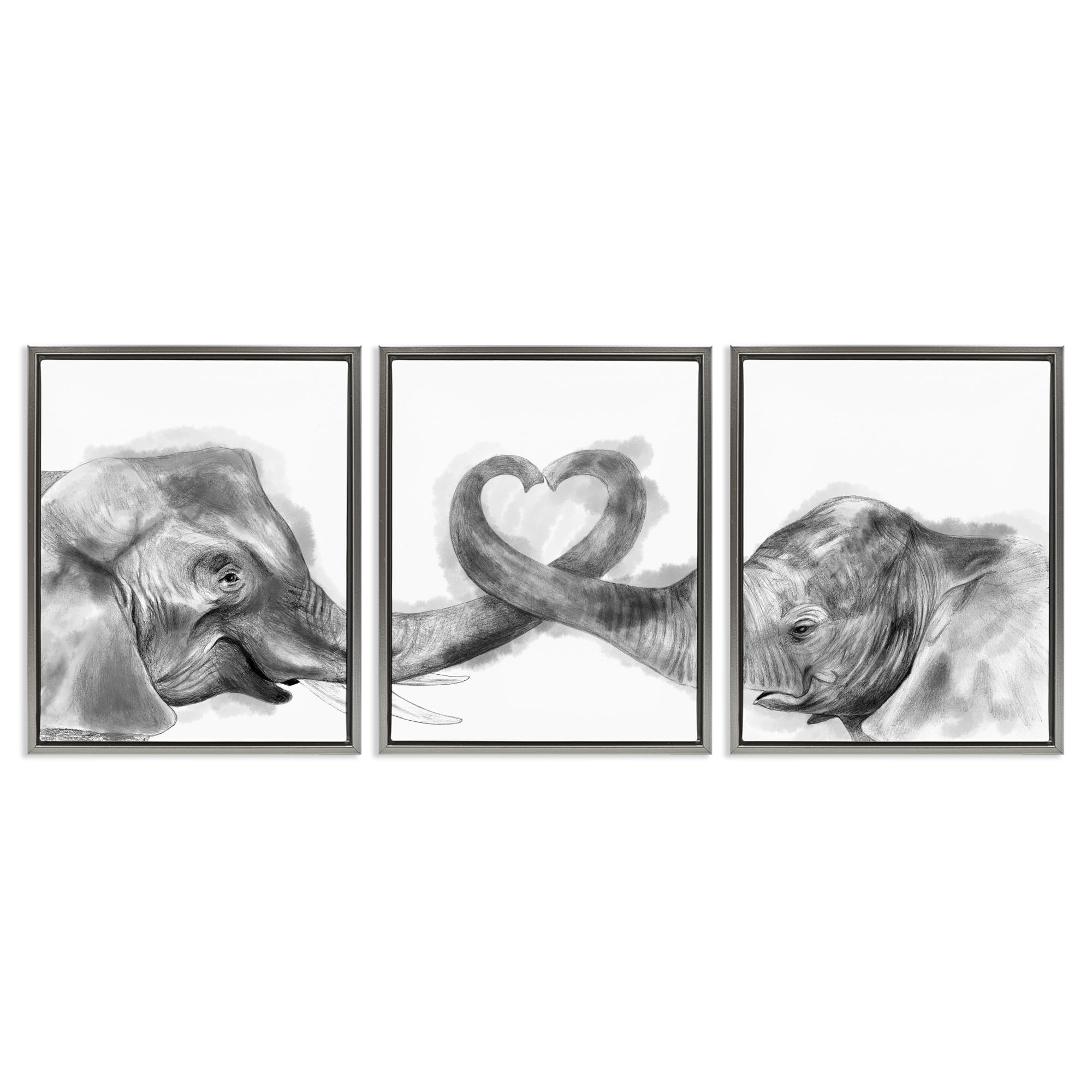 Stupell Industries Elephant Trunk Heart Shape Animals & Insects Painting Gray Floater Framed Canvas Art Print Wall Art, 25 x 31, Set of 3