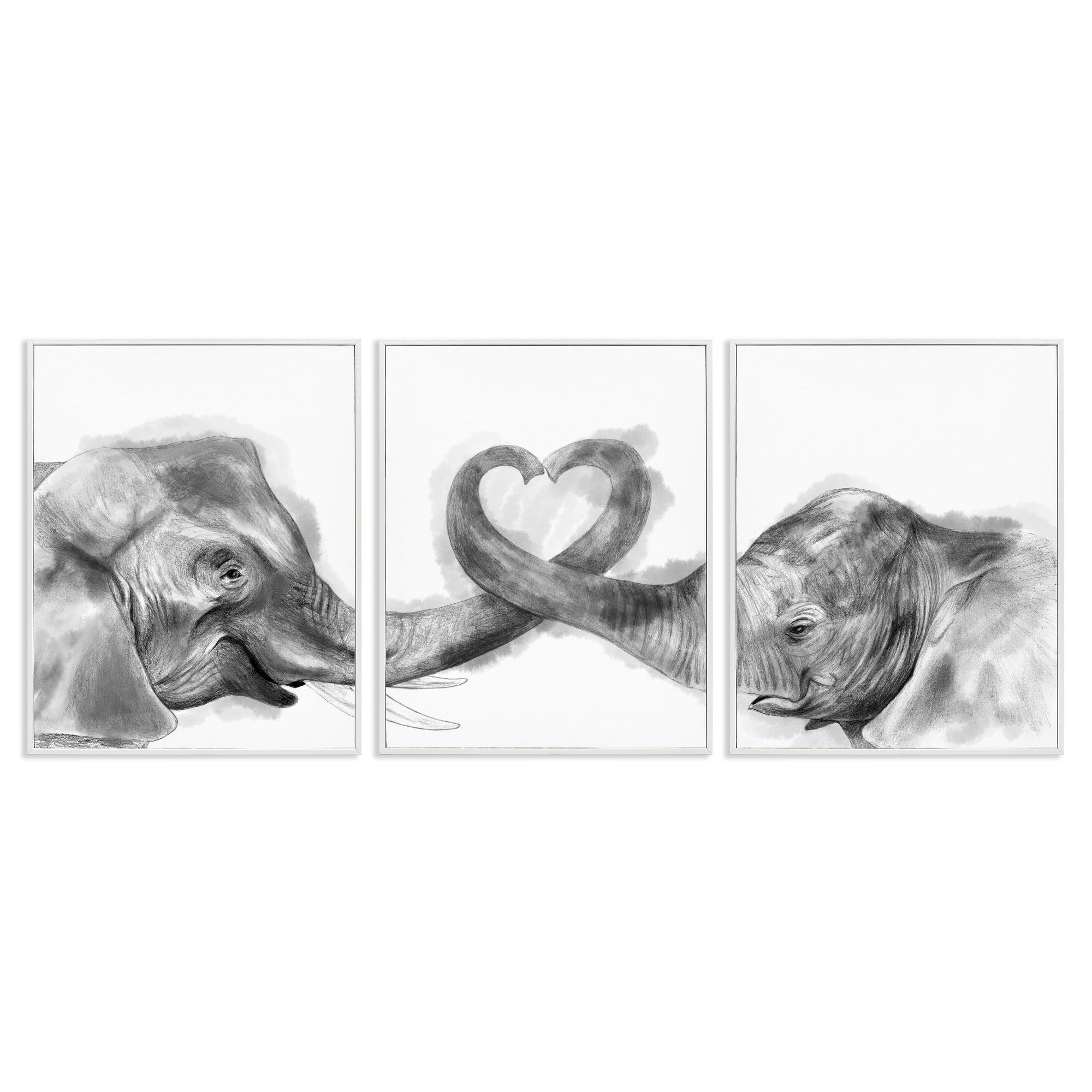 Stupell Industries Elephant Trunk Heart Shape Animals & Insects Painting White Framed Art Print Wall Art, 16 x 20, Set of 3