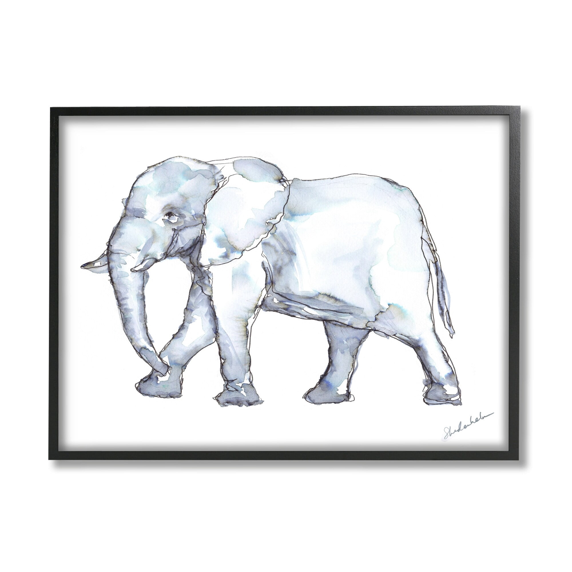 Stupell Industries Elephant Walking Casual Watercolor Sketch Style Painting Black Framed Art Print Wall Art, Design by Kendra Shedenhelm