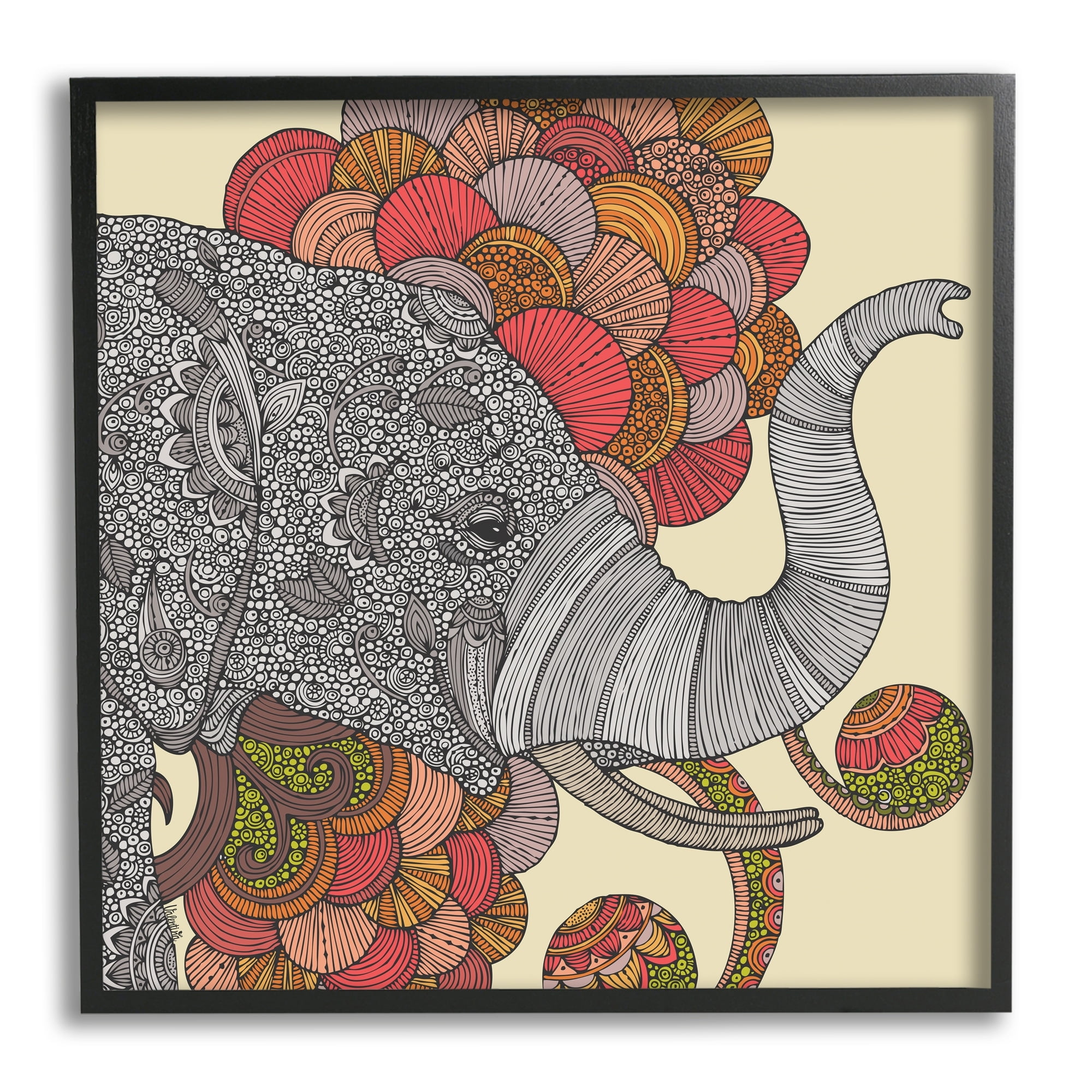 Stupell Industries Elephant Wildlife Detailed Floral Pattern Mandala Shapes Graphic Art Black Framed Art Print Wall Art, Design by Valentina Harper