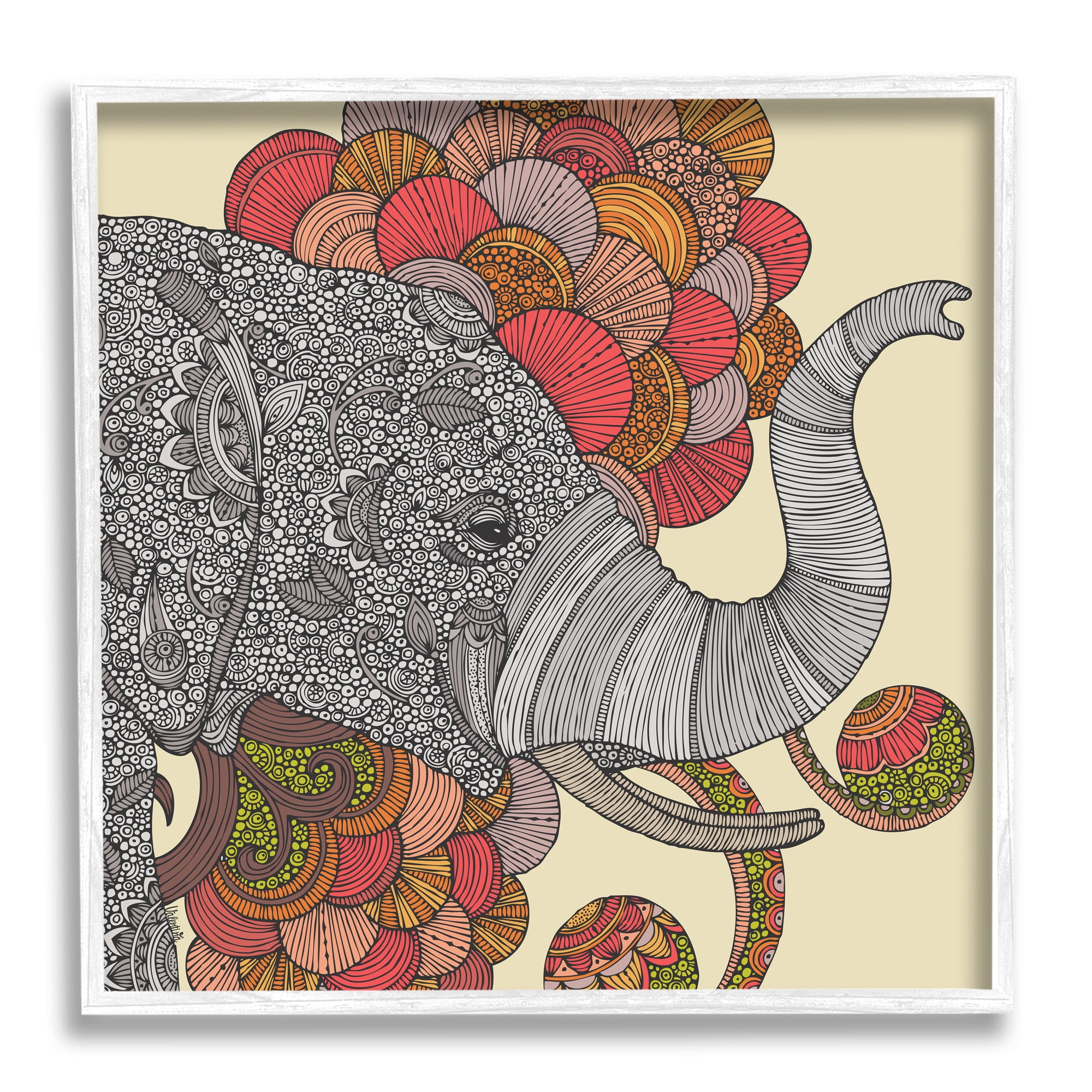 Stupell Industries Elephant Wildlife Detailed Floral Pattern Mandala Shapes Graphic Art White Framed Art Print Wall Art, Design by Valentina Harper
