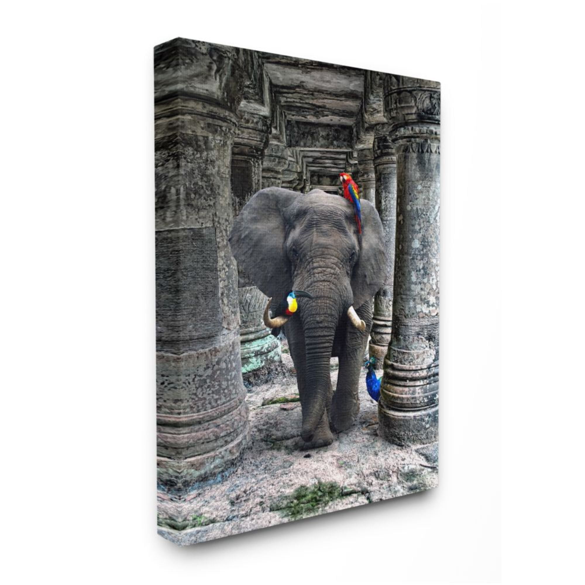 Stupell Industries Elephant and Jungle Birds Ornate Stone Columns Design by Ziwei Li, 36" x 48"