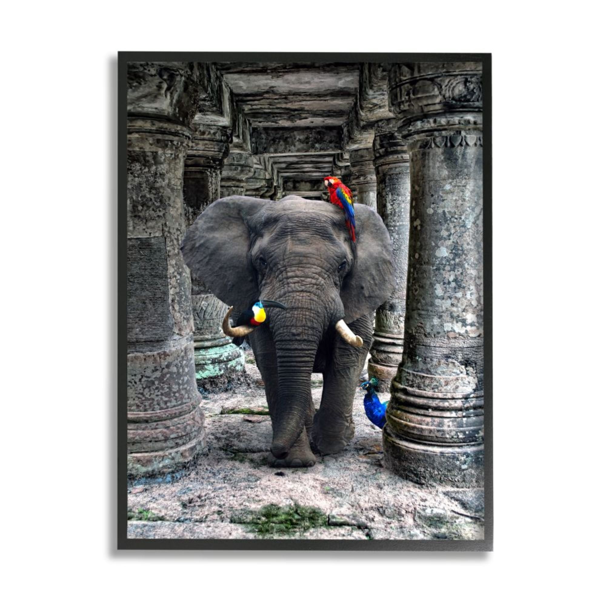 Stupell Industries Elephant and Jungle Birds Ornate Stone Columns Design by Ziwei Li