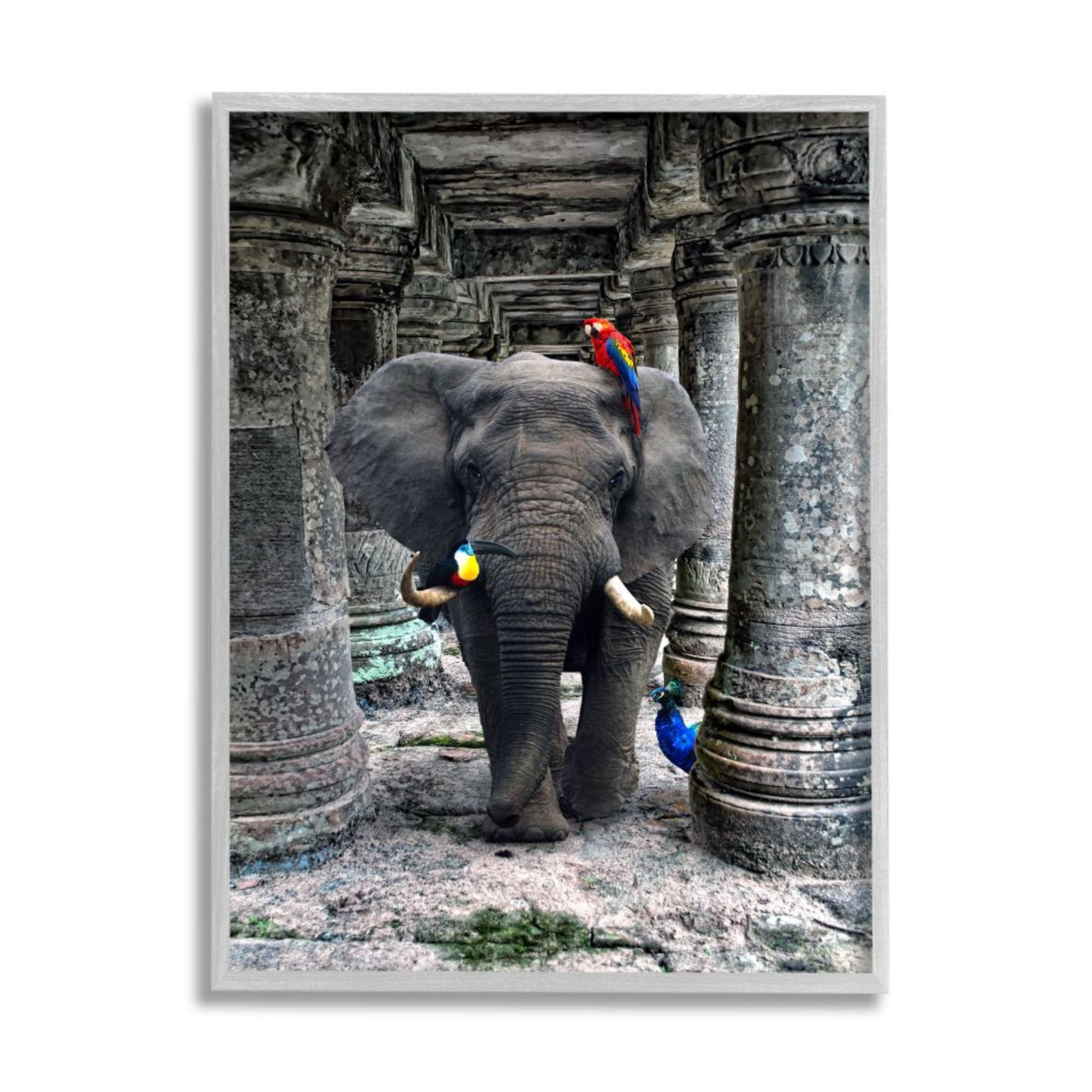 Stupell Industries Elephant and Jungle Birds Ornate Stone Columns Design by Ziwei Li