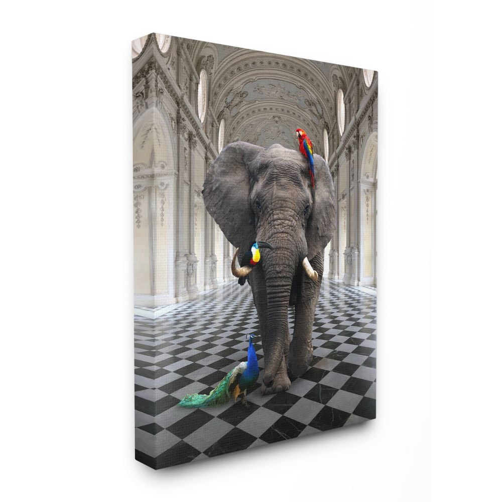 Stupell Industries Elephant and Tropical Birds Classical Architecture Design Canvas Wall Art Design by Ziwei Li, 30" x 40"
