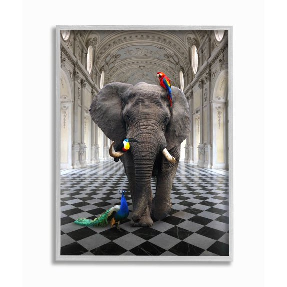 Stupell Industries Elephant and Tropical Birds Classical Architecture Design Framed Wall Art Design by Ziwei Li, 11" x 14", Gray Framed
