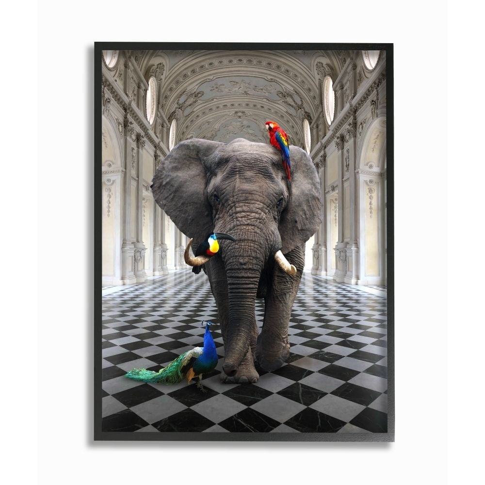 Stupell Industries Elephant and Tropical Birds Classical Architecture Design Framed Wall Art Design by Ziwei Li, 16" x 20", Black Framed