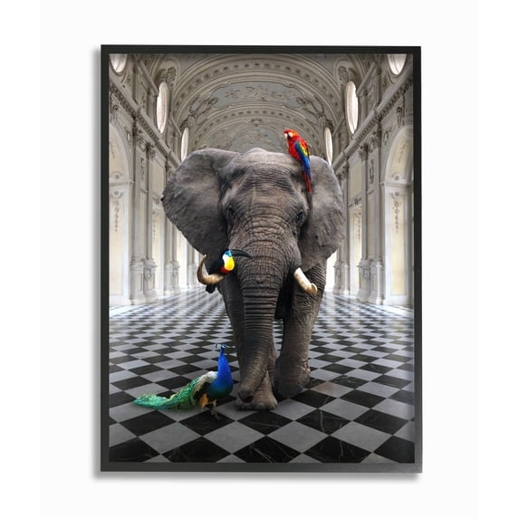 Stupell Industries Elephant and Tropical Birds Classical Architecture Design Framed Wall Art Design by Ziwei Li, 16" x 20", Black Framed