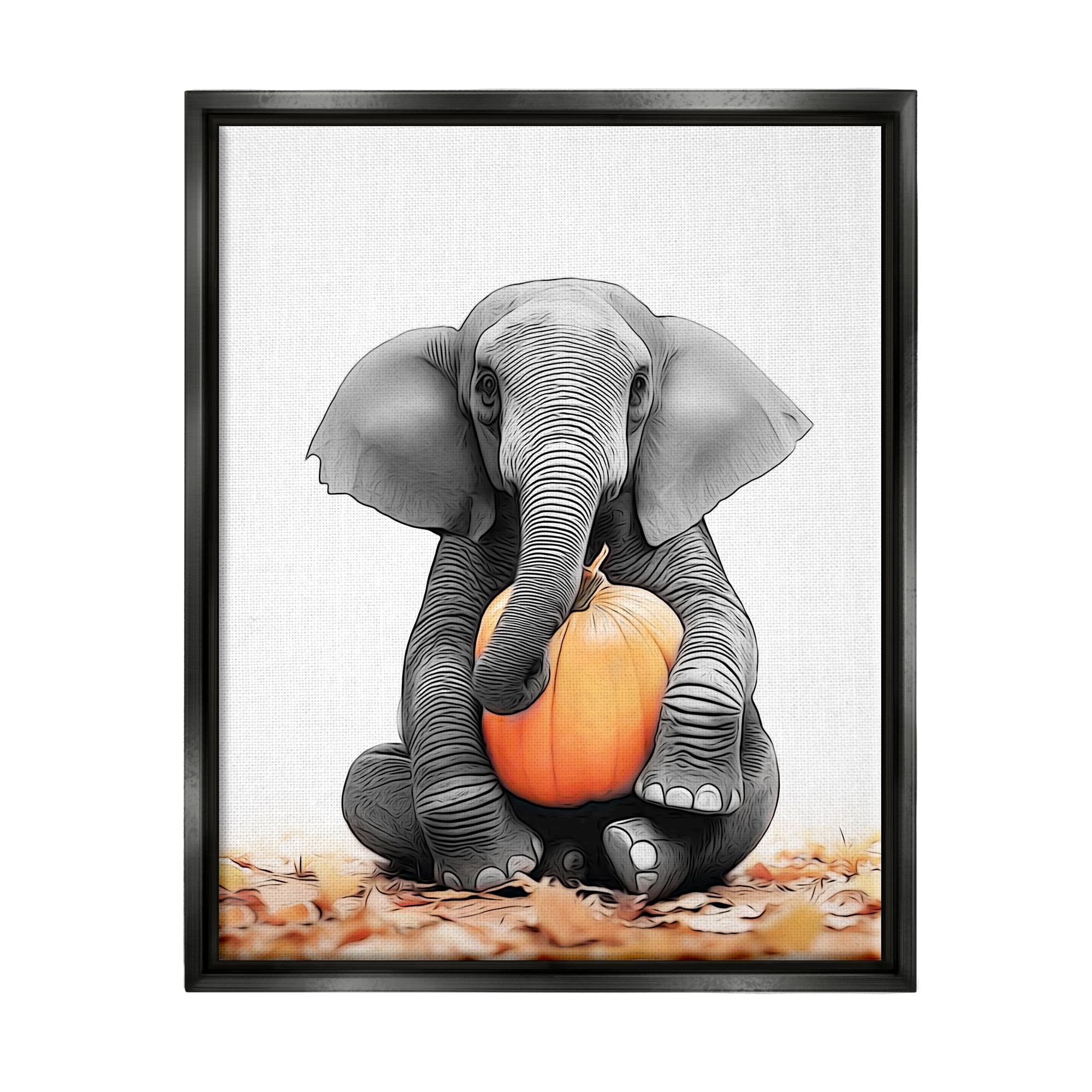 Stupell Industries Elephant in Autumn Leaves Holiday Painting Black Floater Framed Canvas Art Print Wall Art, 17 x 21