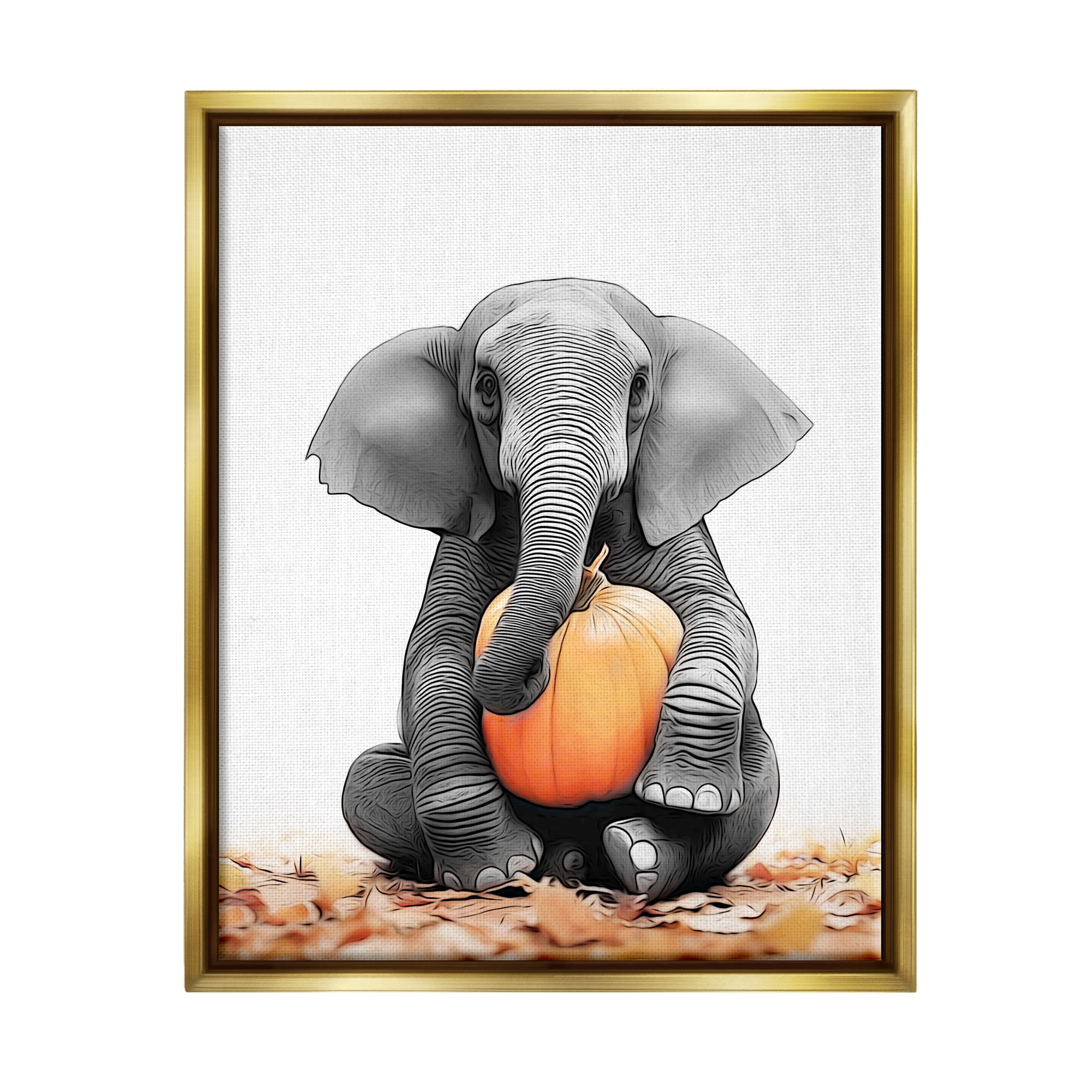 Stupell Industries Elephant in Autumn Leaves Holiday Painting Gold Floater Framed Canvas Art Print Wall Art, 25 x 31
