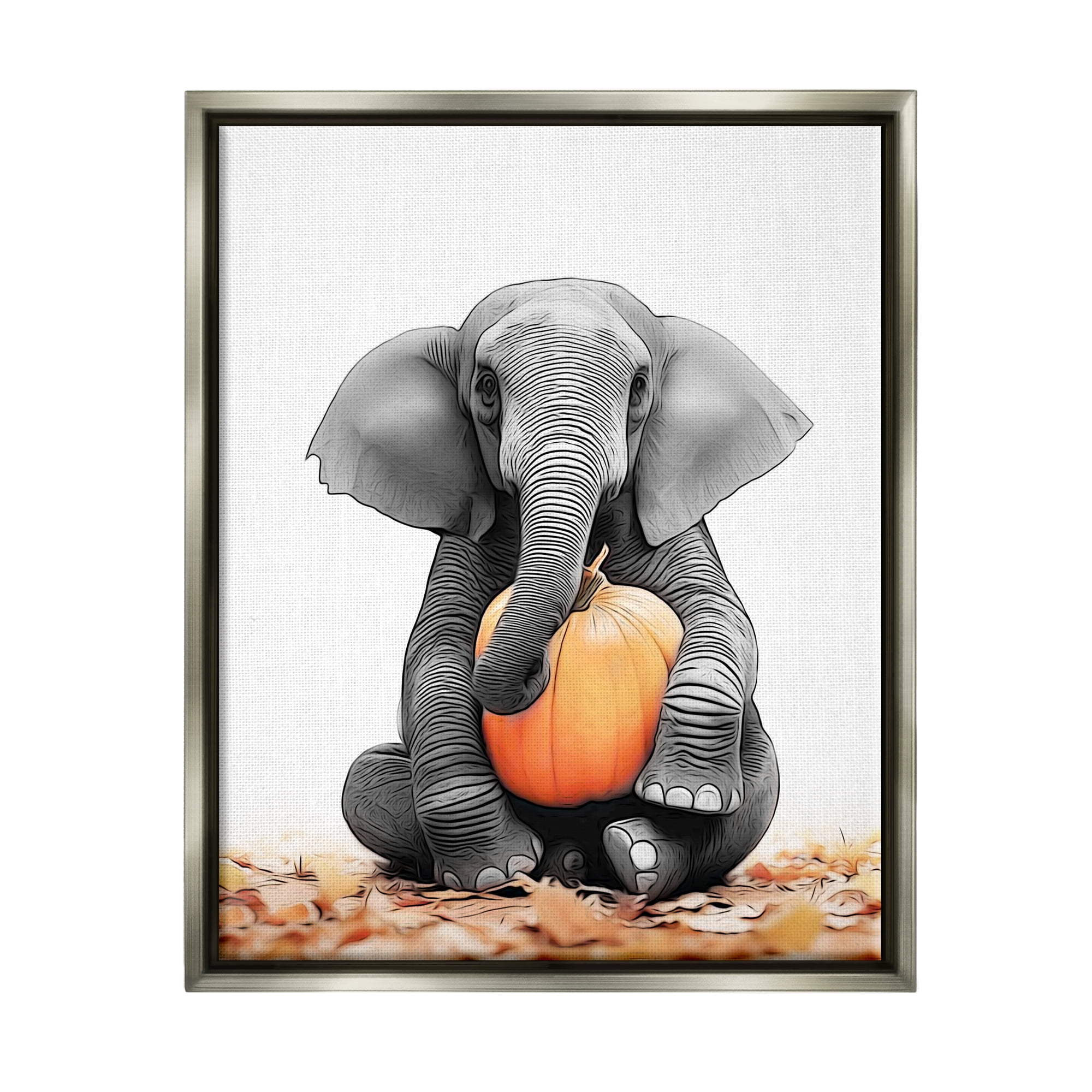 Stupell Industries Elephant in Autumn Leaves Holiday Painting Gray Floater Framed Canvas Art Print Wall Art, 25 x 31