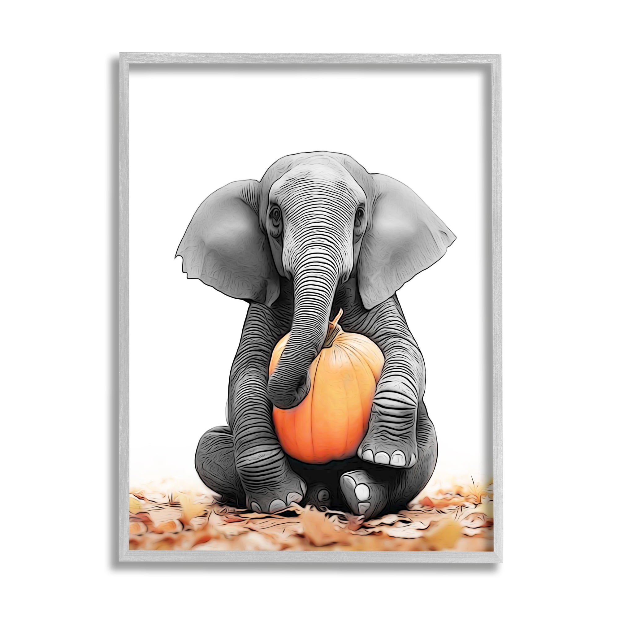 Stupell Industries Elephant in Autumn Leaves Holiday Painting Gray Framed Art Print Wall Art, 11 x 14