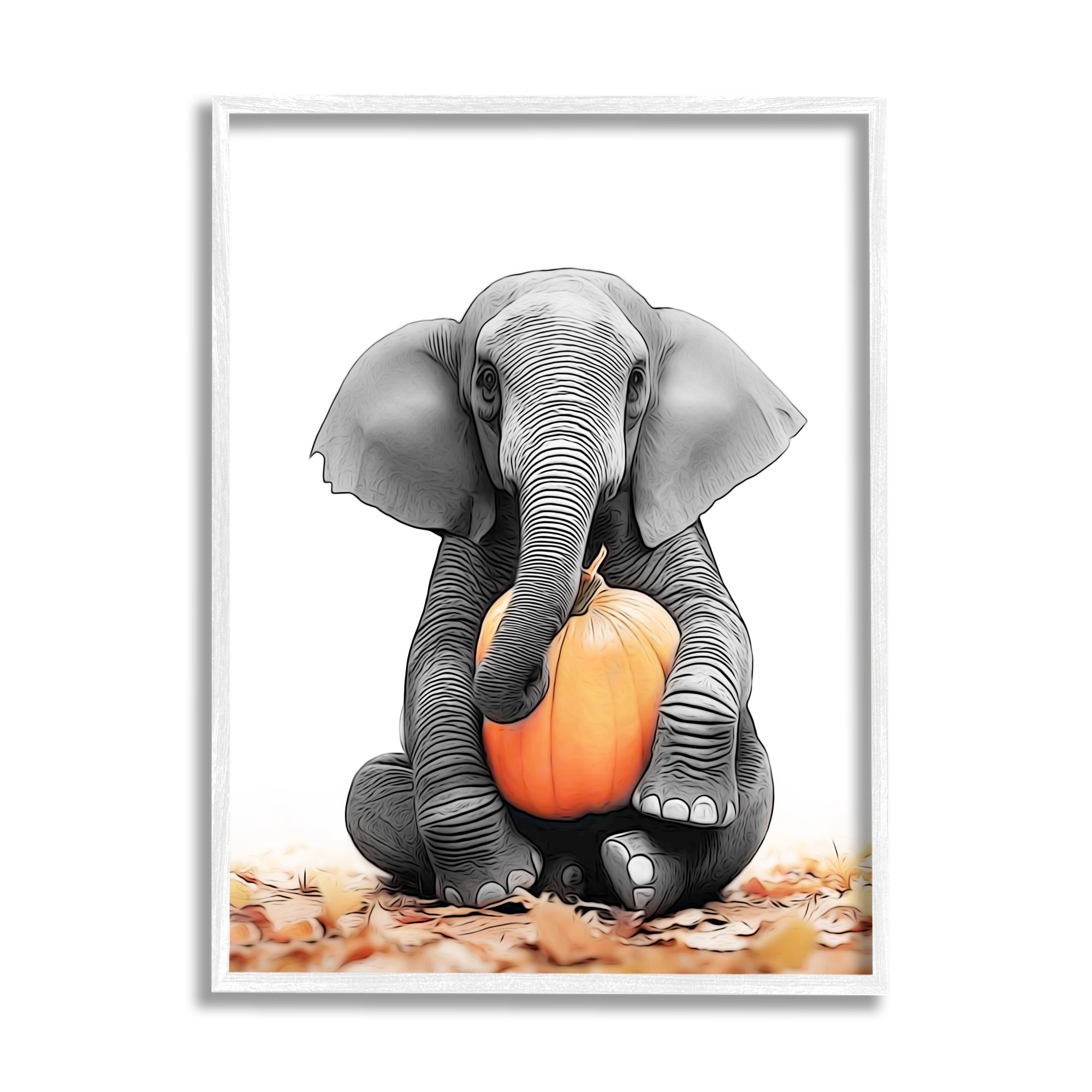 Stupell Industries Elephant in Autumn Leaves Holiday Painting White Framed Art Print Wall Art, 24 x 30