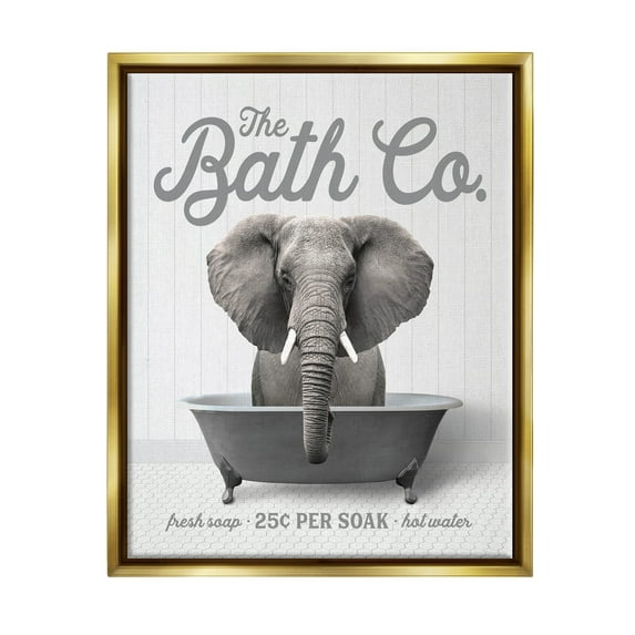 Stupell Industries Elephant in Bathtub Animals & Insects Painting Gold Floater Framed Art Print Wall Art, 25 x 31