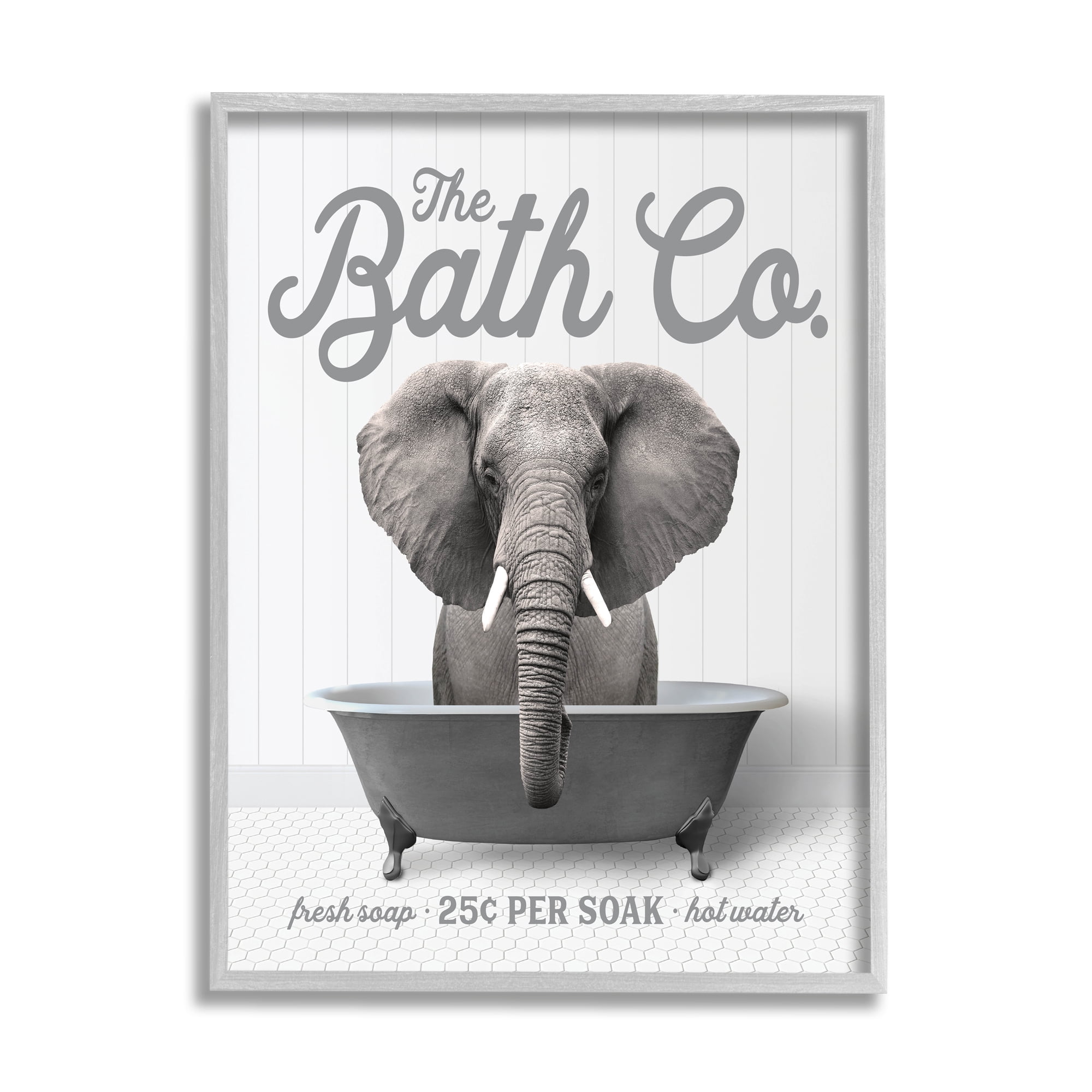 Stupell Industries Elephant in Bathtub Animals & Insects Painting Gray Framed Art Print Wall Art, 24 x 30