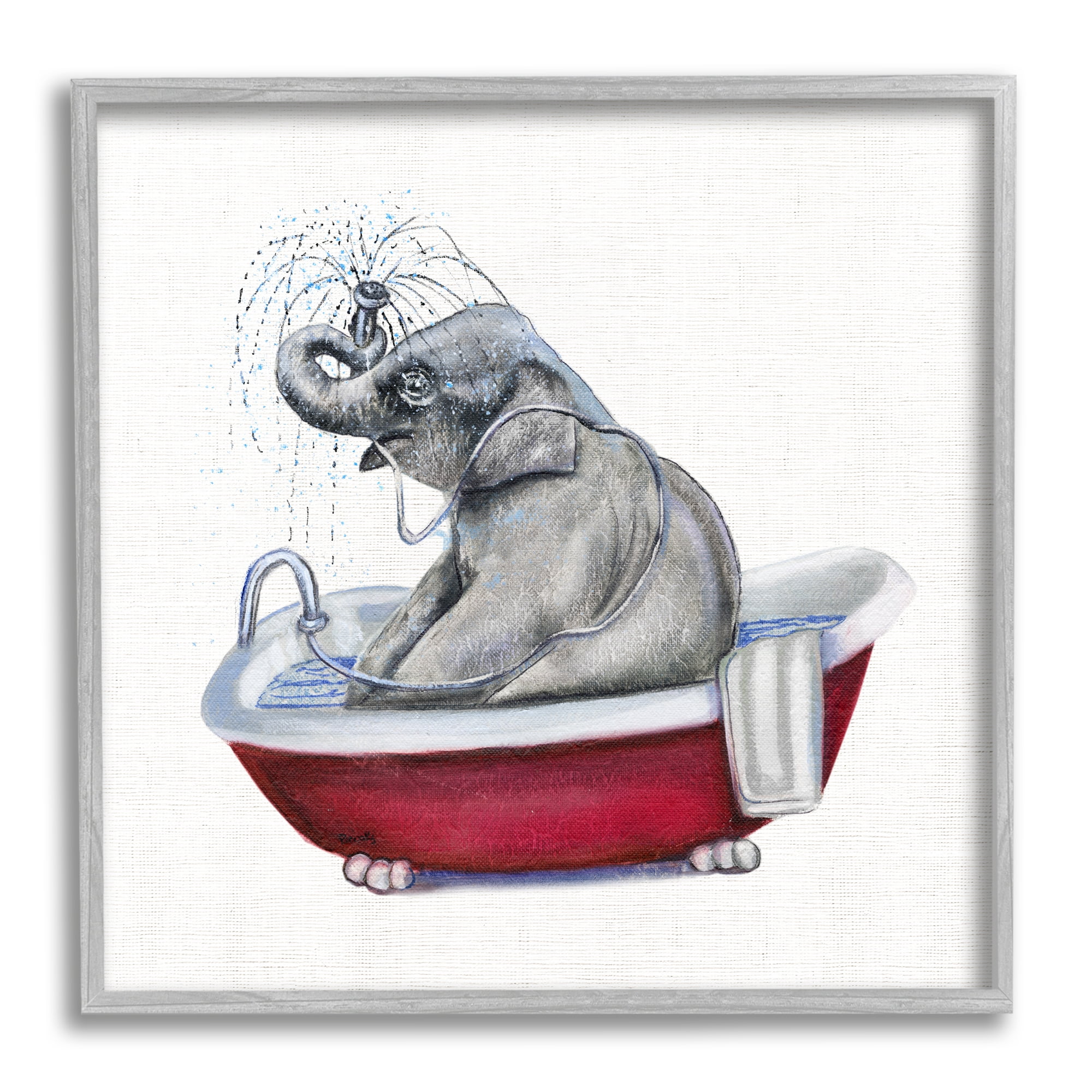 Stupell Industries Elephant in Red Bathtub Playful Safari Animal Animals & Insects Painting Gray Framed Art Print Wall Art, 24 x 24