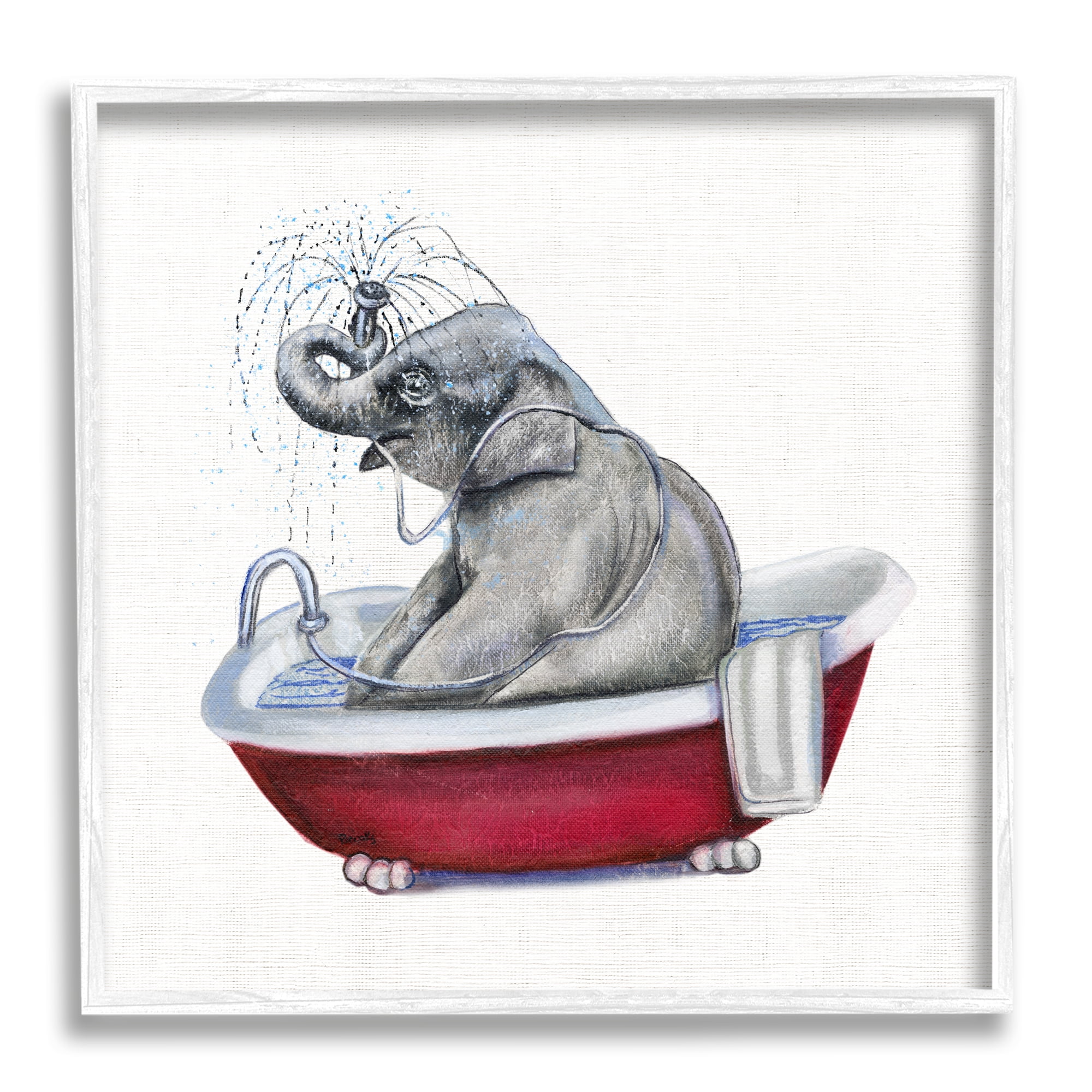 Stupell Industries Elephant in Red Bathtub Playful Safari Animal Animals & Insects Painting White Framed Art Print Wall Art, 24 x 24