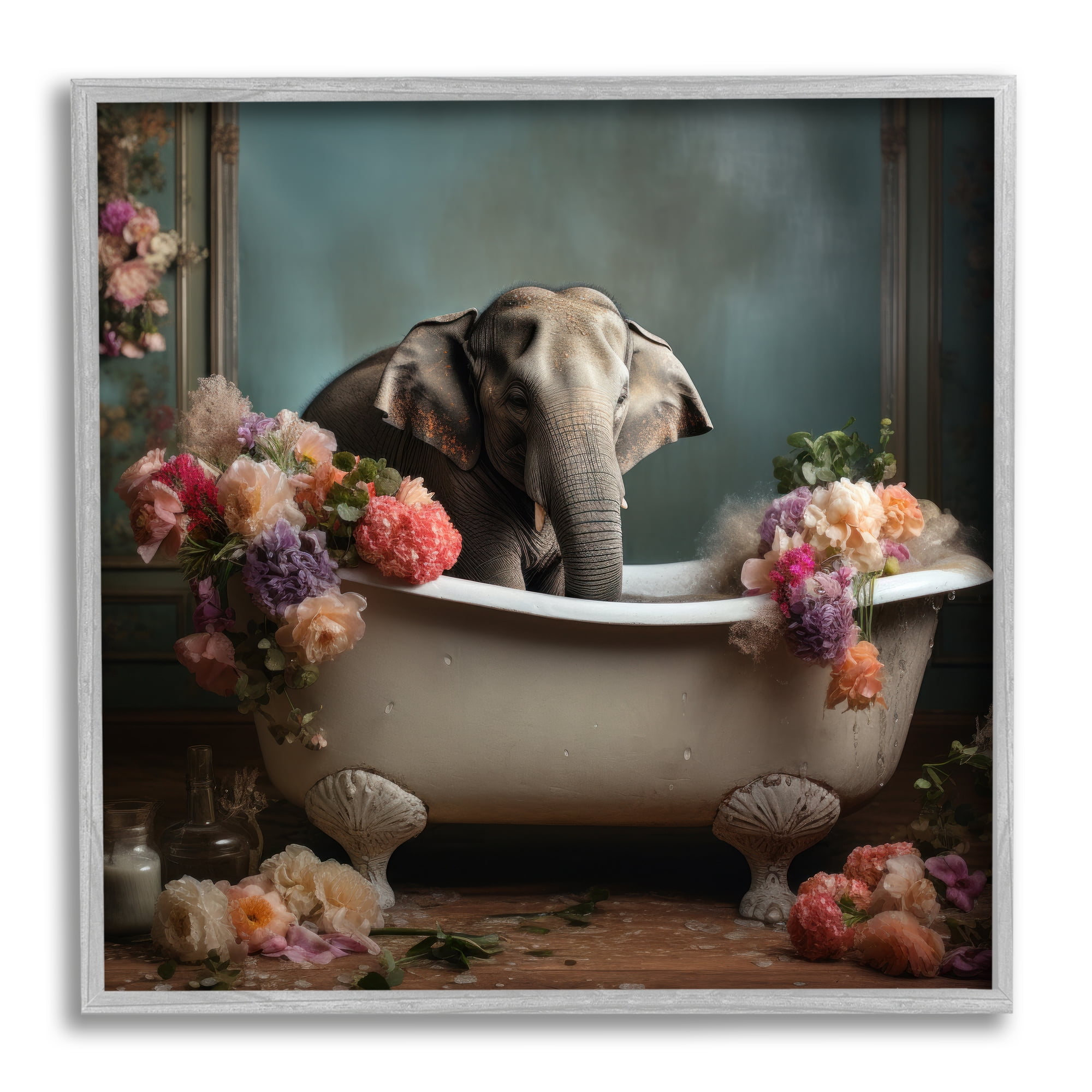 Stupell Industries Elephant in Vintage Tub Animals & Insects Painting Gray Framed Art Print Wall Art, 12 x 12
