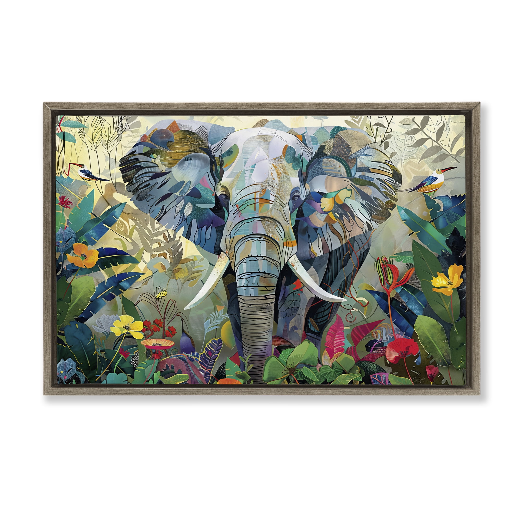 Stupell Industries Elephant's Realm in Tropical Bloom Brown Framed Floater Canvas Wall Art, design by Lazar Studio