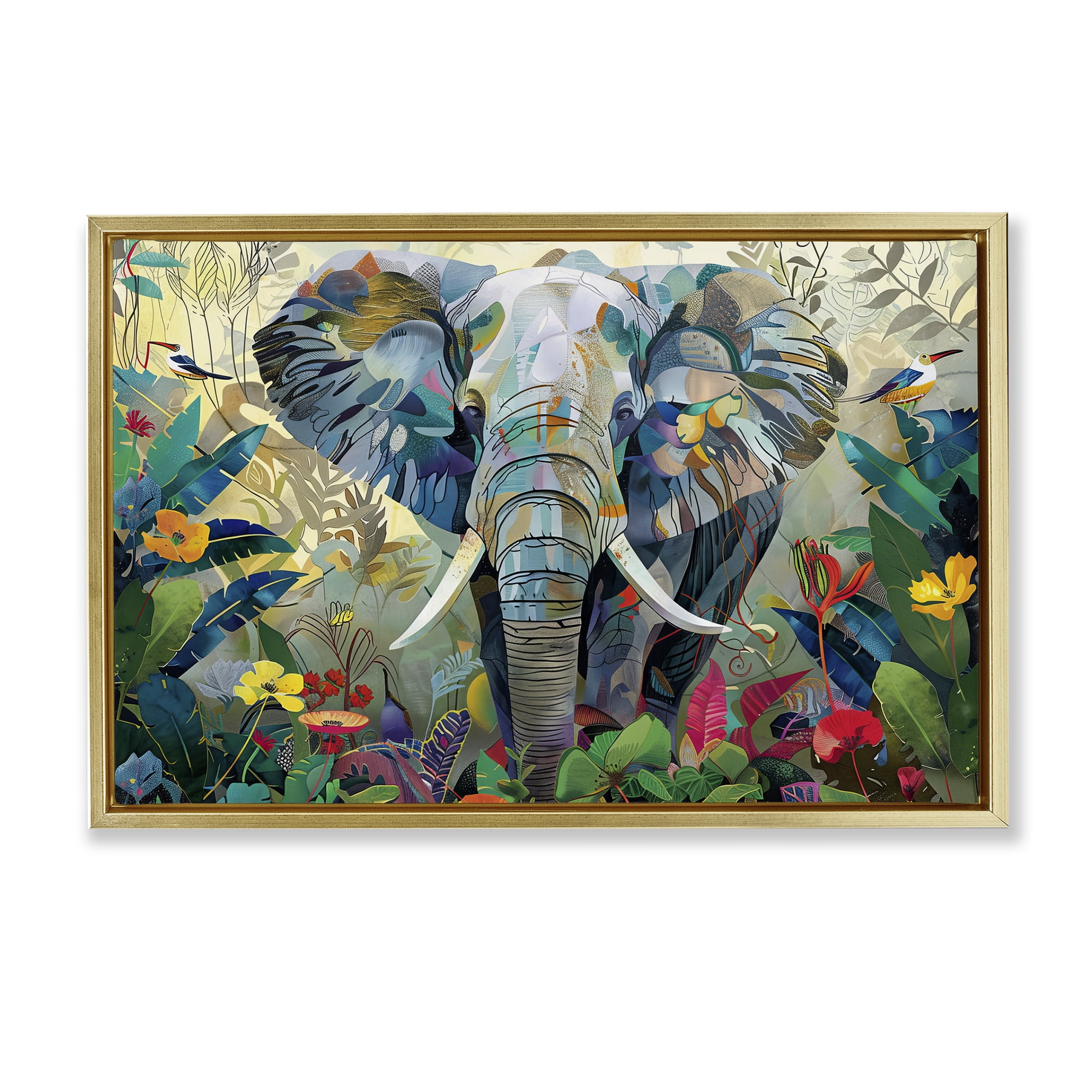 Stupell Industries Elephant's Realm in Tropical Bloom Gold Framed Floater Canvas Wall Art, design by Lazar Studio