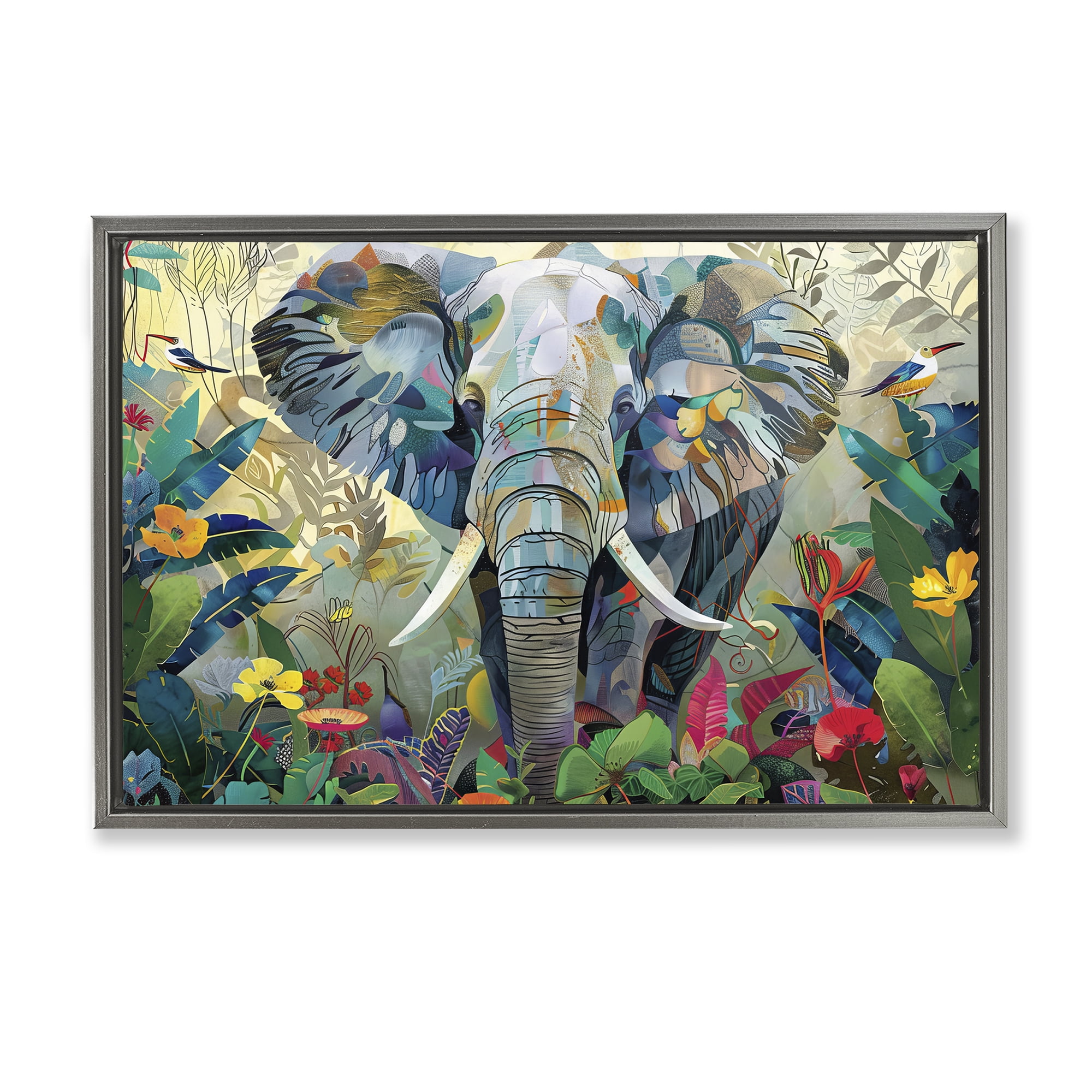 Stupell Industries Elephant's Realm in Tropical Bloom Gray Framed Floater Canvas Wall Art, design by Lazar Studio