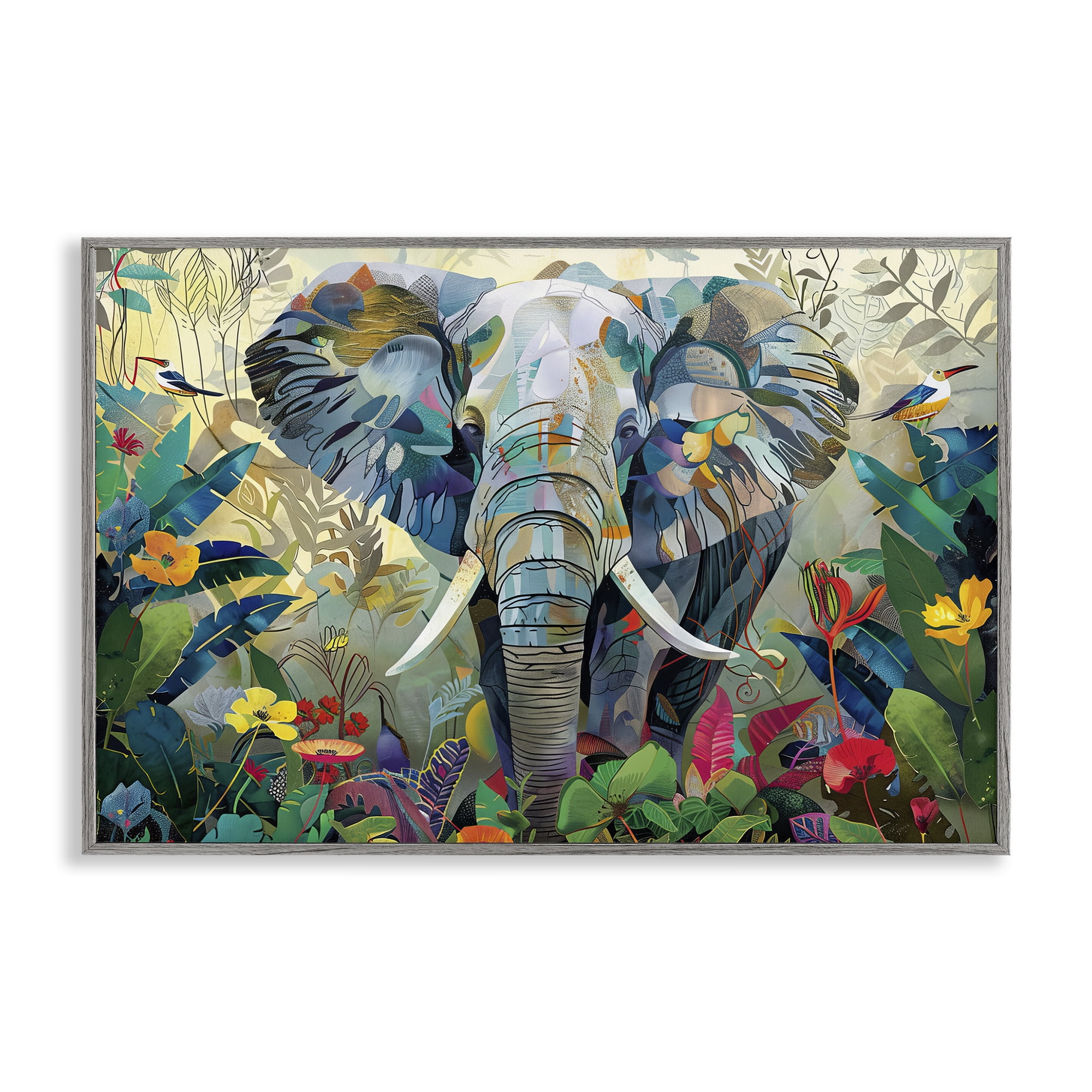 Stupell Industries Elephant's Realm in Tropical Bloom Gray Framed Giclee Art, design by Lazar Studio