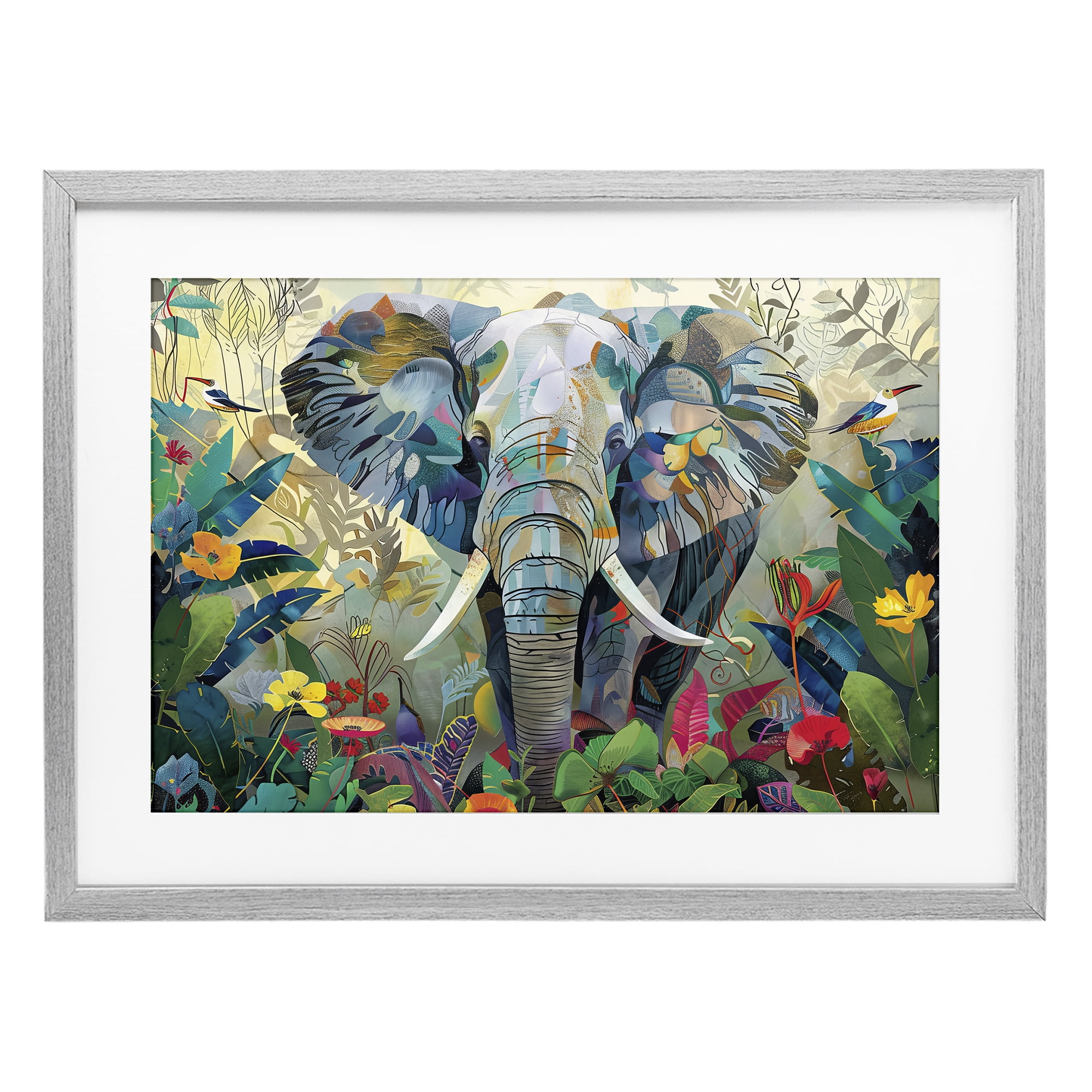 Stupell Industries Elephant's Realm in Tropical Bloom Gray Framed Print Under Glass, design by Lazar Studio