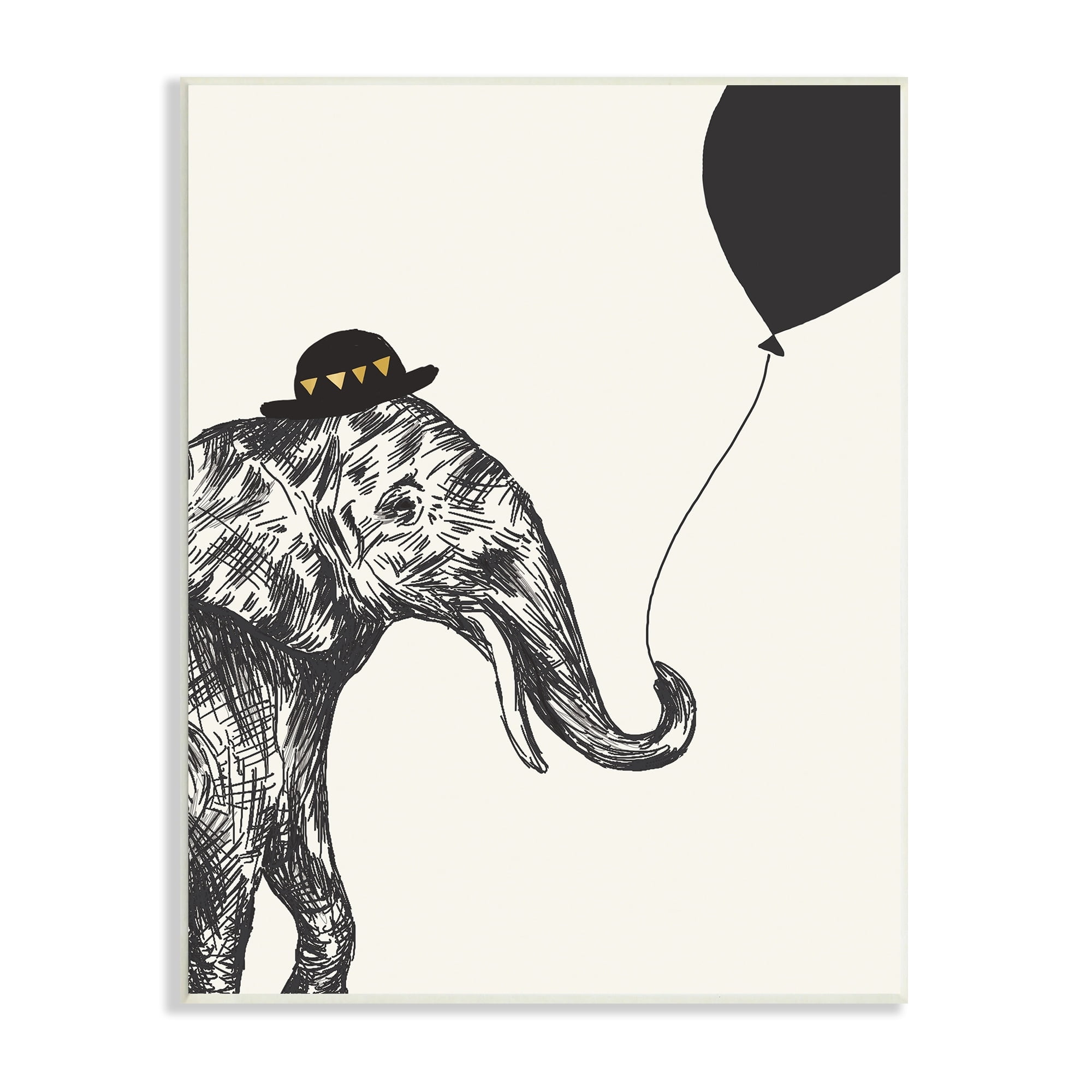 Stupell Industries Elephant with Derby Hat Holding Black Balloon, 10 x 15,Design by Heather McLaughlin