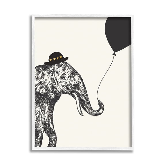 Stupell Industries Elephant with Derby Hat Holding Black Balloon, 16 x 20,Design by Heather McLaughlin
