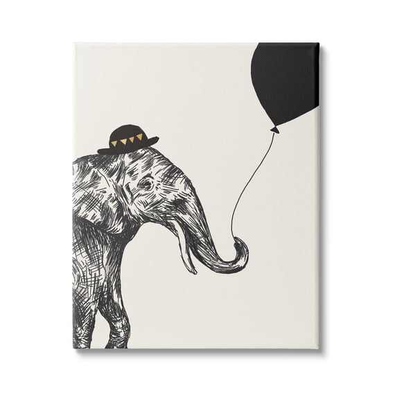 Stupell Industries Elephant with Derby Hat Holding Black Balloon, 16 x 20,Design by Heather McLaughlin