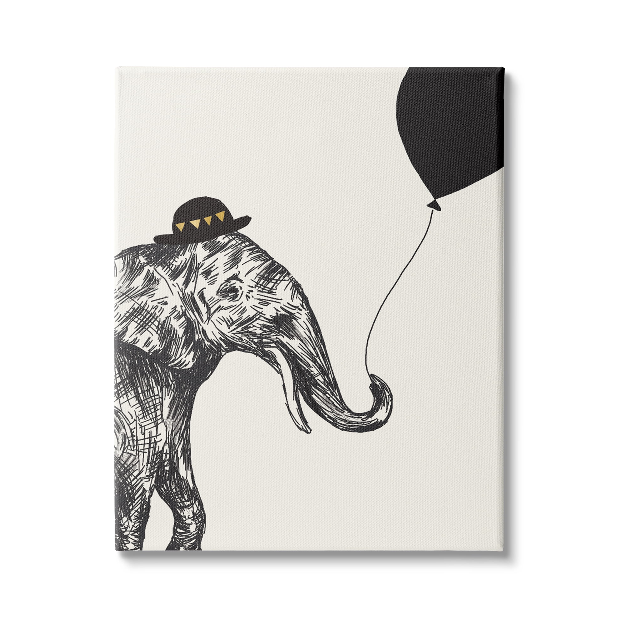Stupell Industries Elephant with Derby Hat Holding Black Balloon, 24 x 30,Design by Heather McLaughlin
