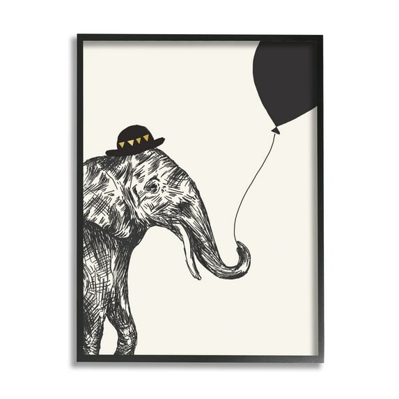 Stupell Industries Elephant with Derby Hat Holding Black Balloon Graphic Art Black Framed Art Print Wall Art, 24x30, by Heather McLaughlin