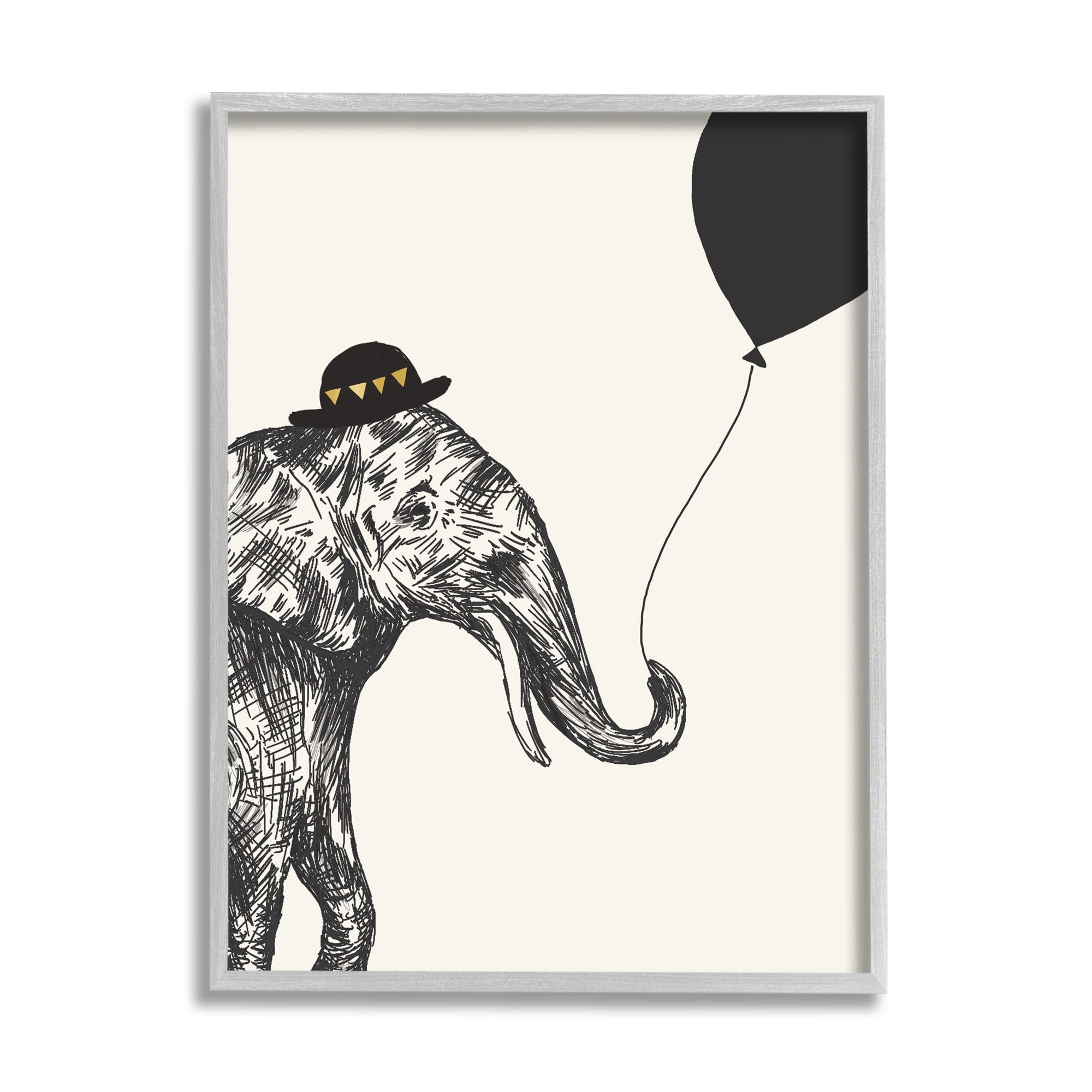 Stupell Industries Elephant with Derby Hat Holding Black Balloon Graphic Art Gray Framed Art Print Wall Art, 16x20, by Heather McLaughlin