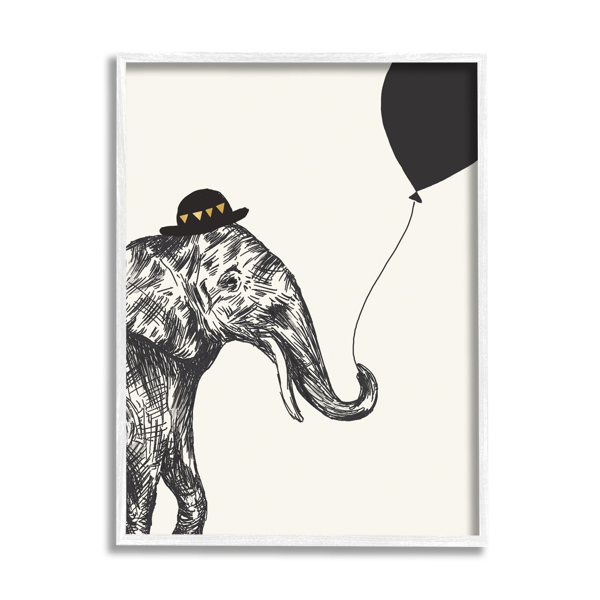 Stupell Industries Elephant with Derby Hat Holding Black Balloon Graphic Art White Framed Art Print Wall Art, 11x14, by Heather McLaughlin