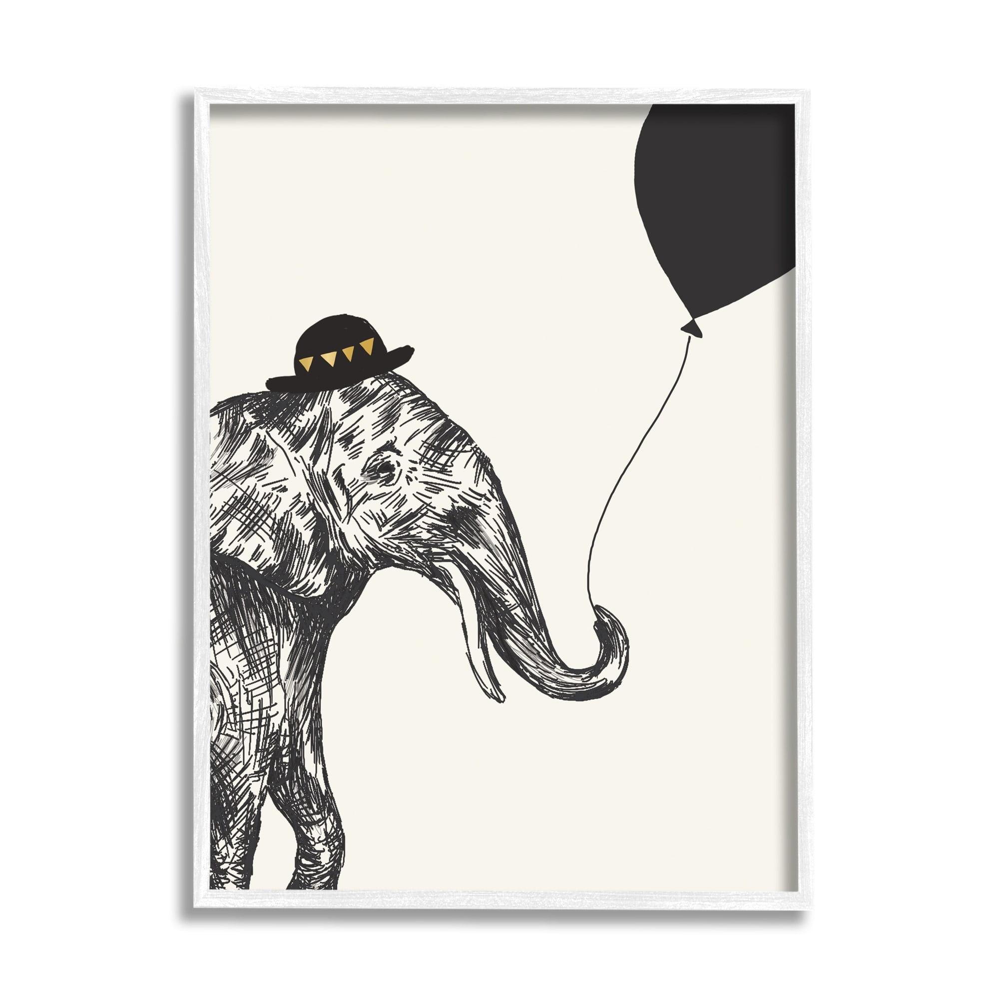 Stupell Industries Elephant with Derby Hat Holding Black Balloon Graphic Art White Framed Art Print Wall Art, 24x30, by Heather McLaughlin