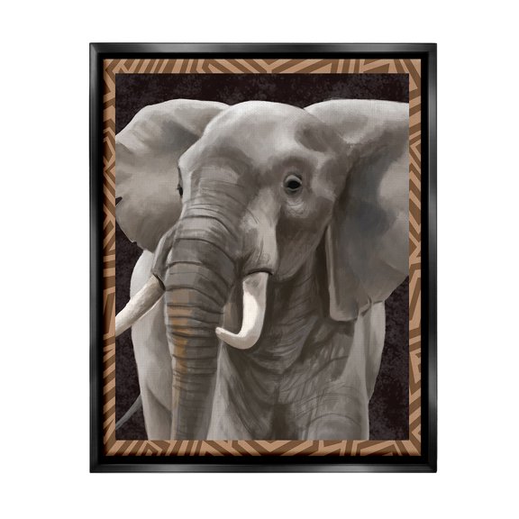 Stupell Industries Elephant with Geometric Border Animals & Insects Painting Black Floater Framed Canvas Art Print Wall Art, 17 x 21