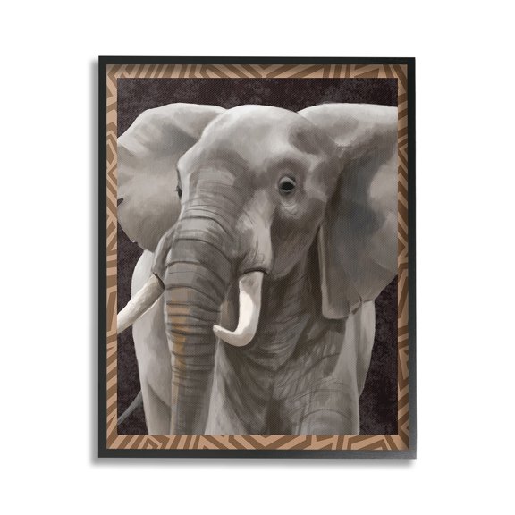 Stupell Industries Elephant with Geometric Border Animals & Insects Painting Black Framed Art Print Wall Art, 24 x 30