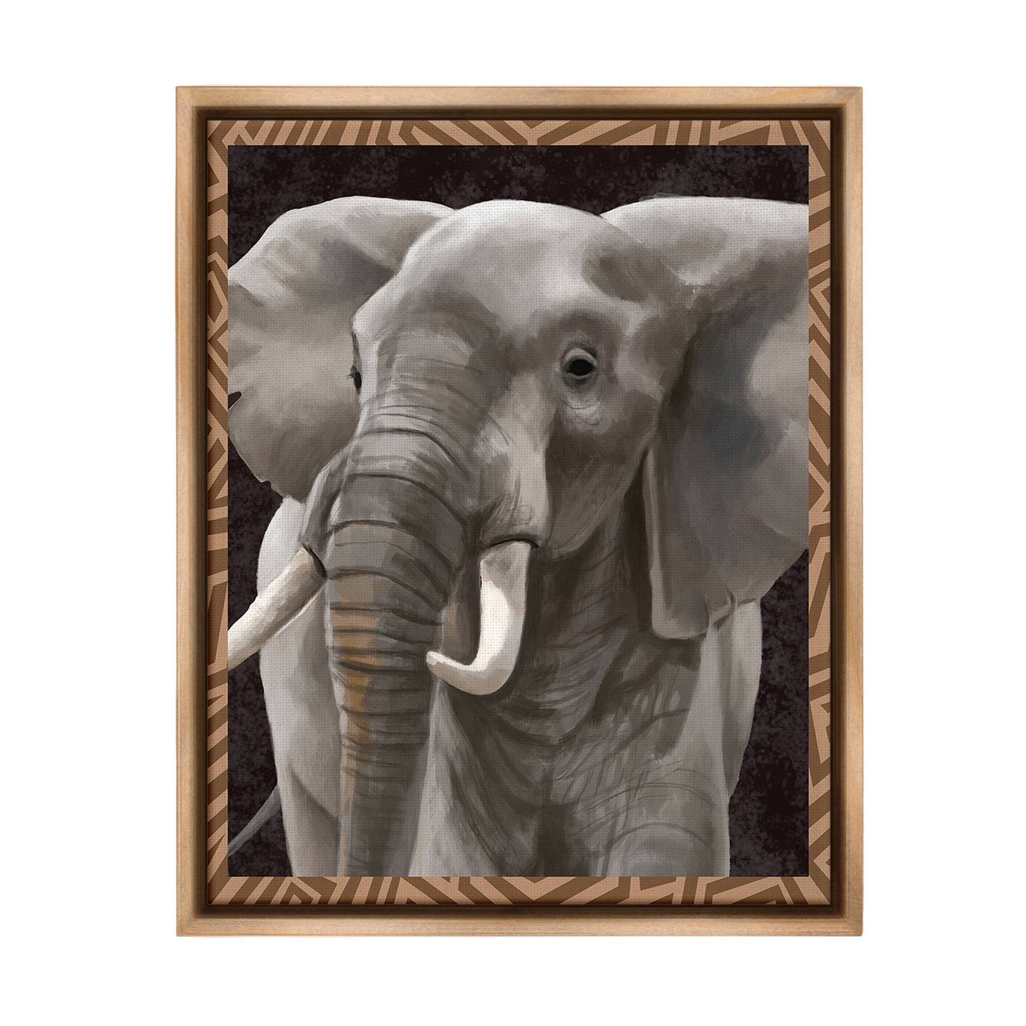 Stupell Industries Elephant with Geometric Border Animals & Insects Painting Brown Floater Framed Canvas Art Print Wall Art, 17 x 21