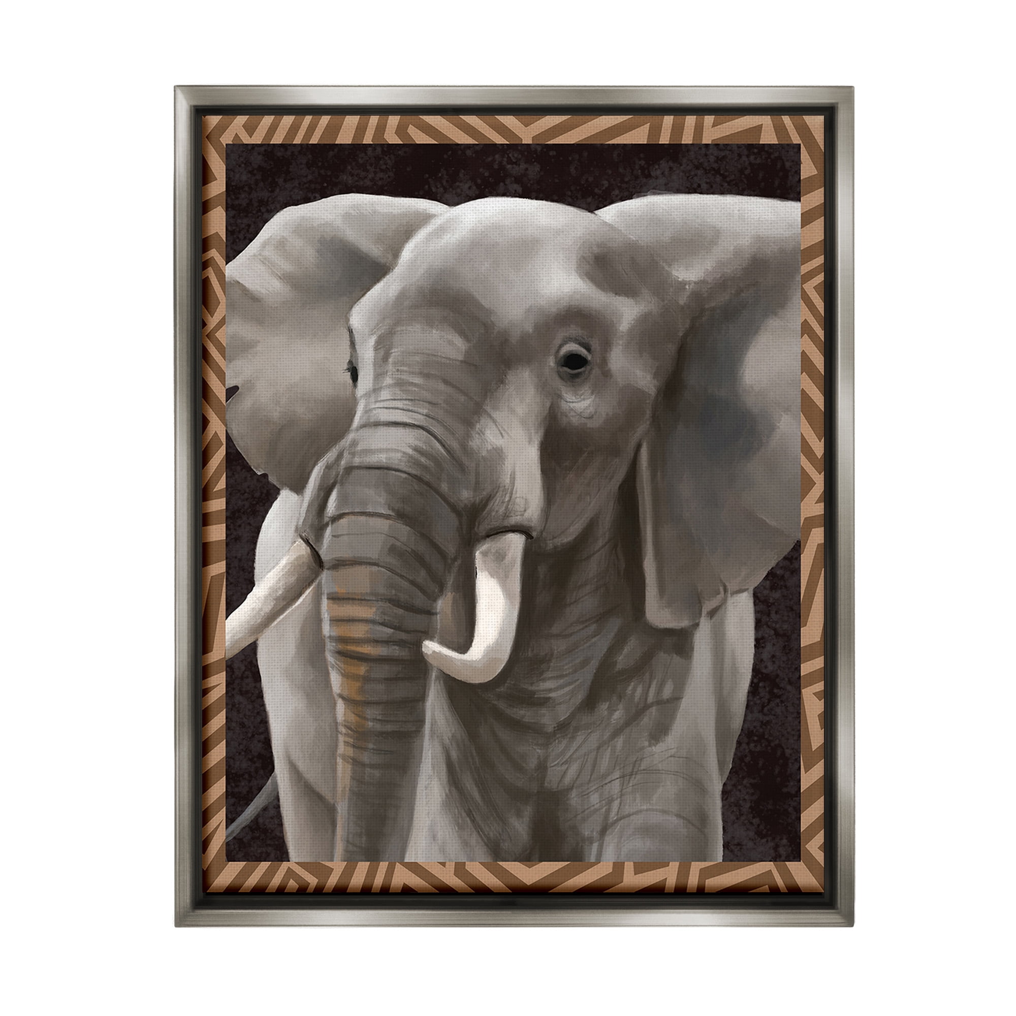 Stupell Industries Elephant with Geometric Border Animals & Insects Painting Gray Floater Framed Canvas Art Print Wall Art, 17 x 21